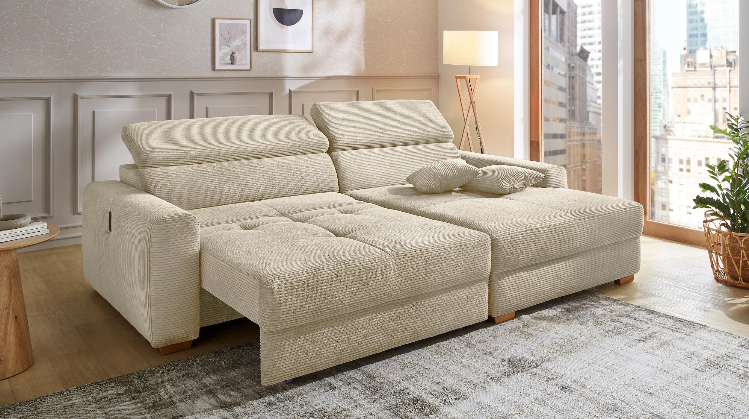 Ecksofa Cord grau-beige ausziehbar - Sitztiefenverstellung 277 cm - SLIDER