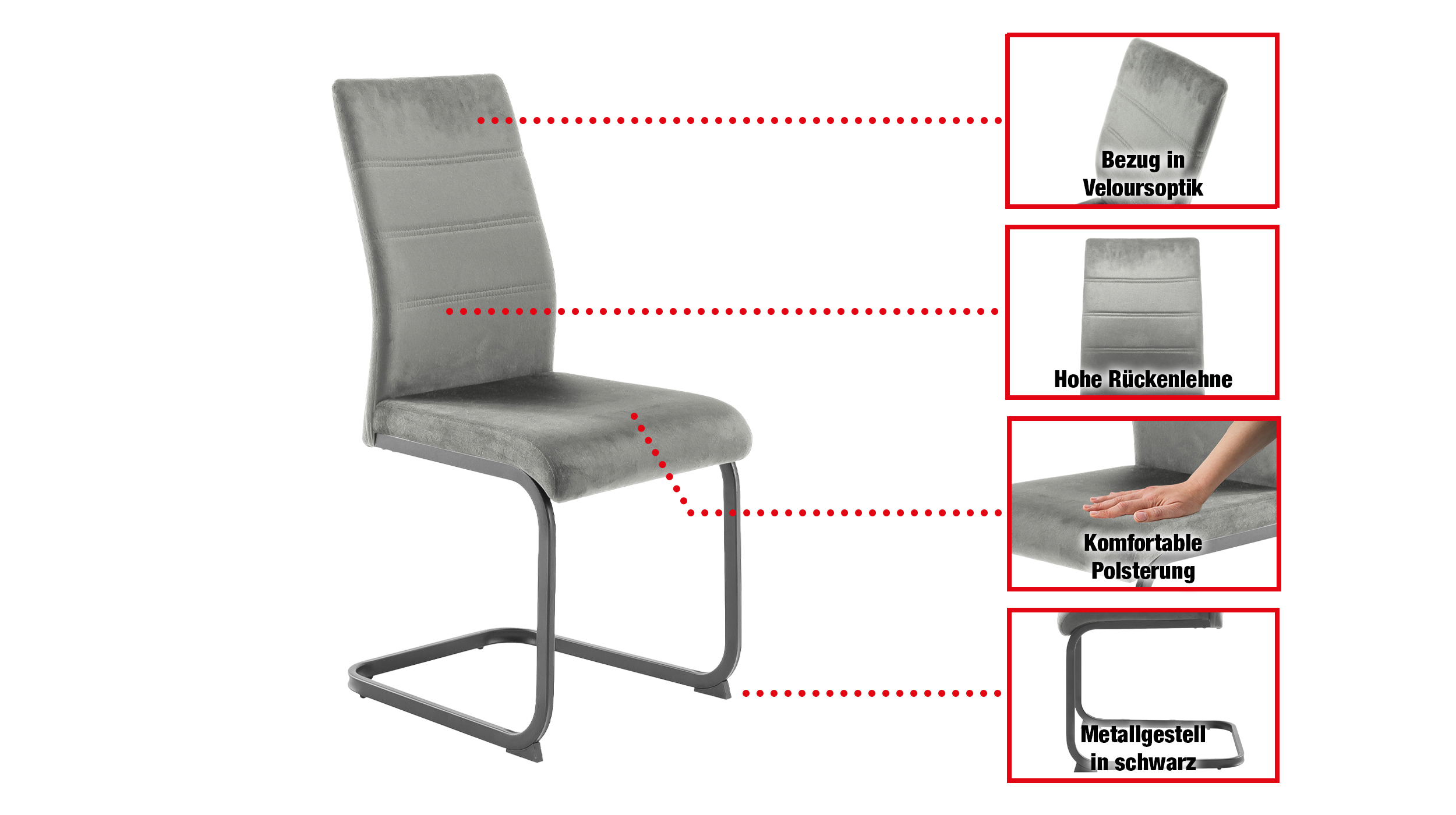 Schwingstuhl grau Freischwinger Veloursoptik - TICINO