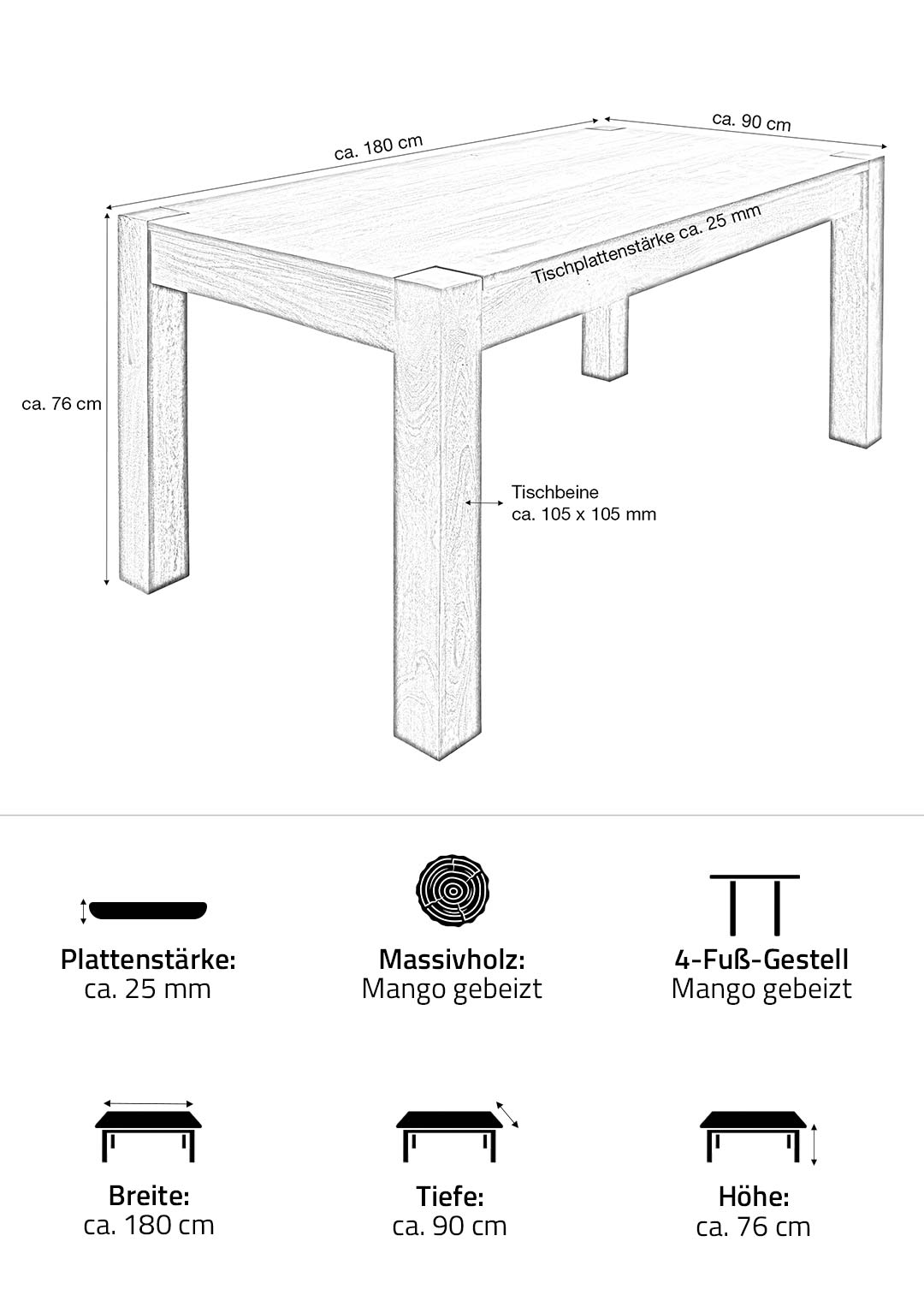 Esstisch Massivholztisch Mango gebeizt 180 x 90 cm - MANGALA