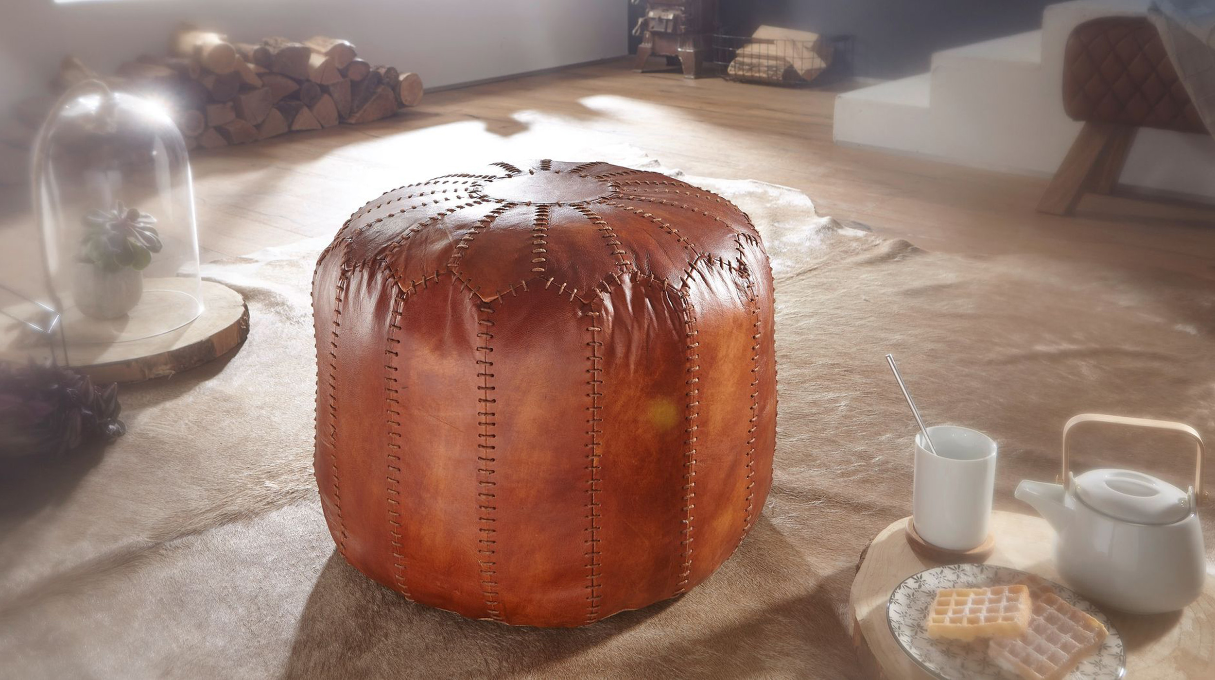 Sitz- & Fußhocker 52 x 52 cm braun Echtleder - VILT