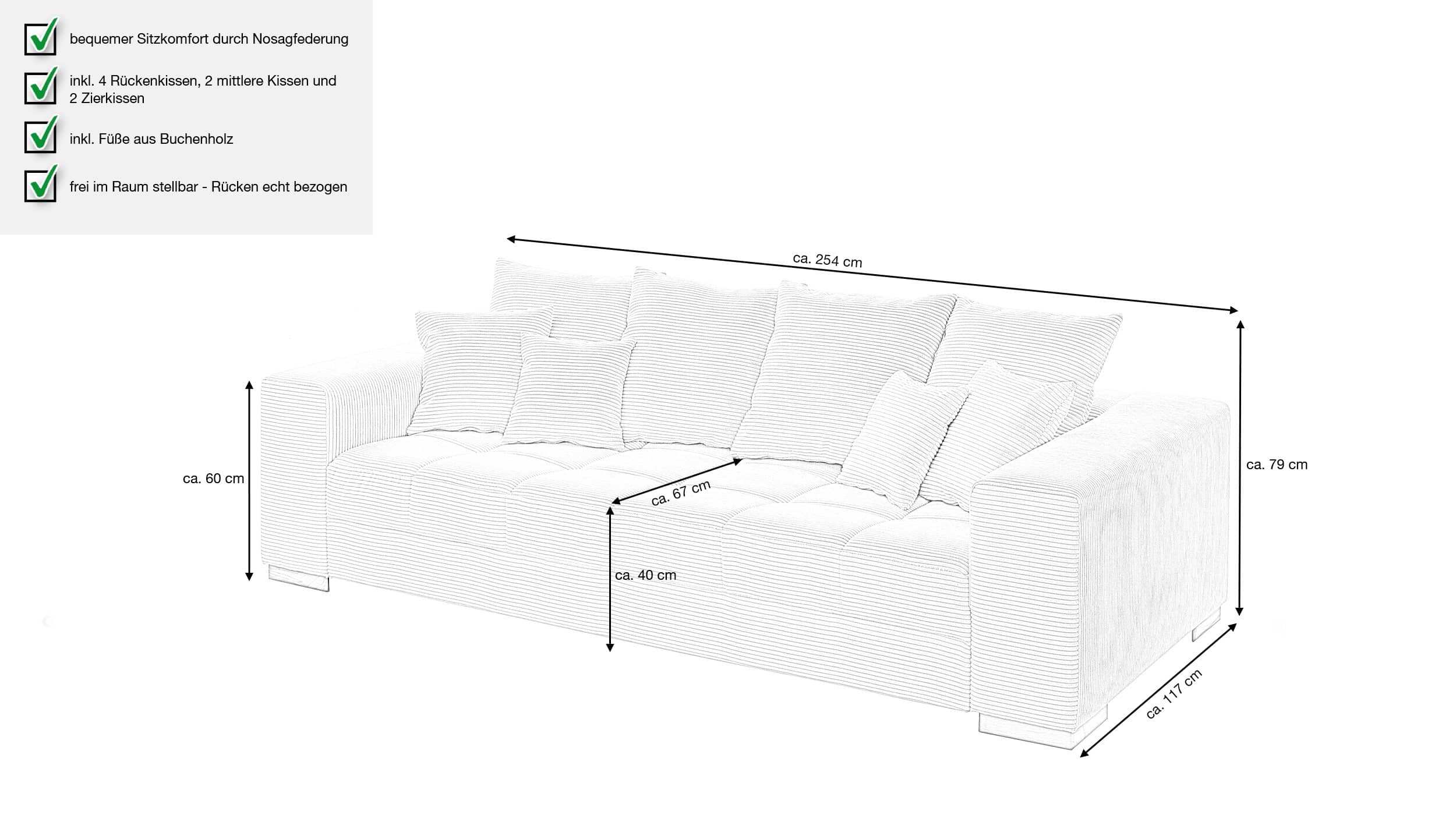 Big Sofa beige Cord 254 cm - Nosagunterfederung - BORNEO