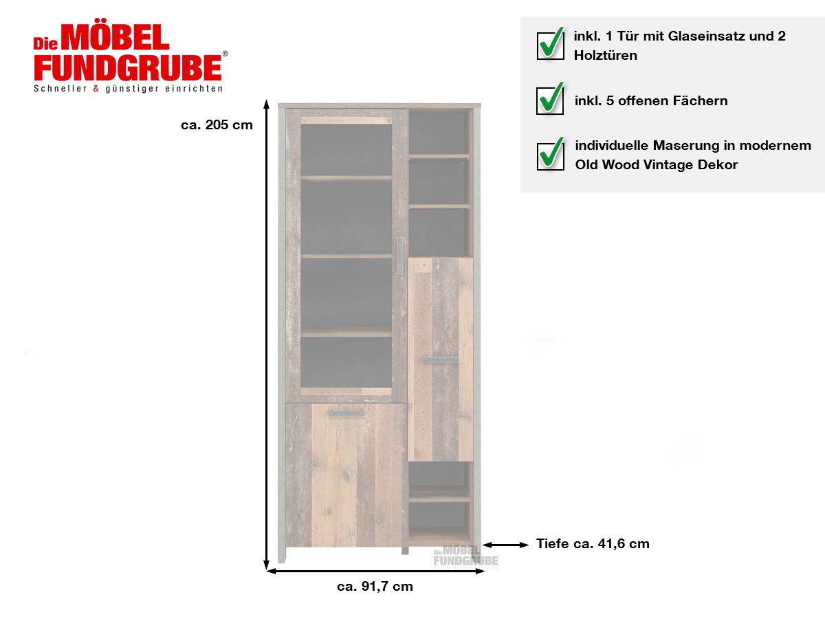 Vitrine mit Glastür Old Wood - Beton - grau Breite 92 cm - CLIF