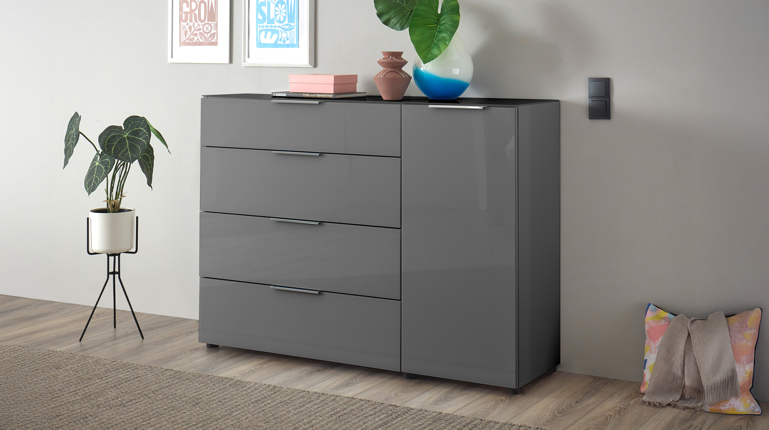 Kommode 4 Schubladen - anthrazit - Glasfront - 135 cm - SANTORIN