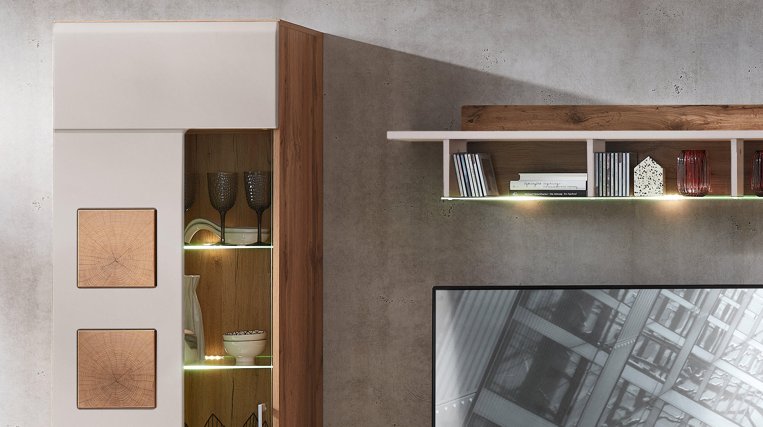 Wohnwand beige Eiche 340 cm - LED-Beleuchtung - SINFONIE  Wohnwand beige Eiche 340 cm - LED-Beleuchtung - SINFONIE