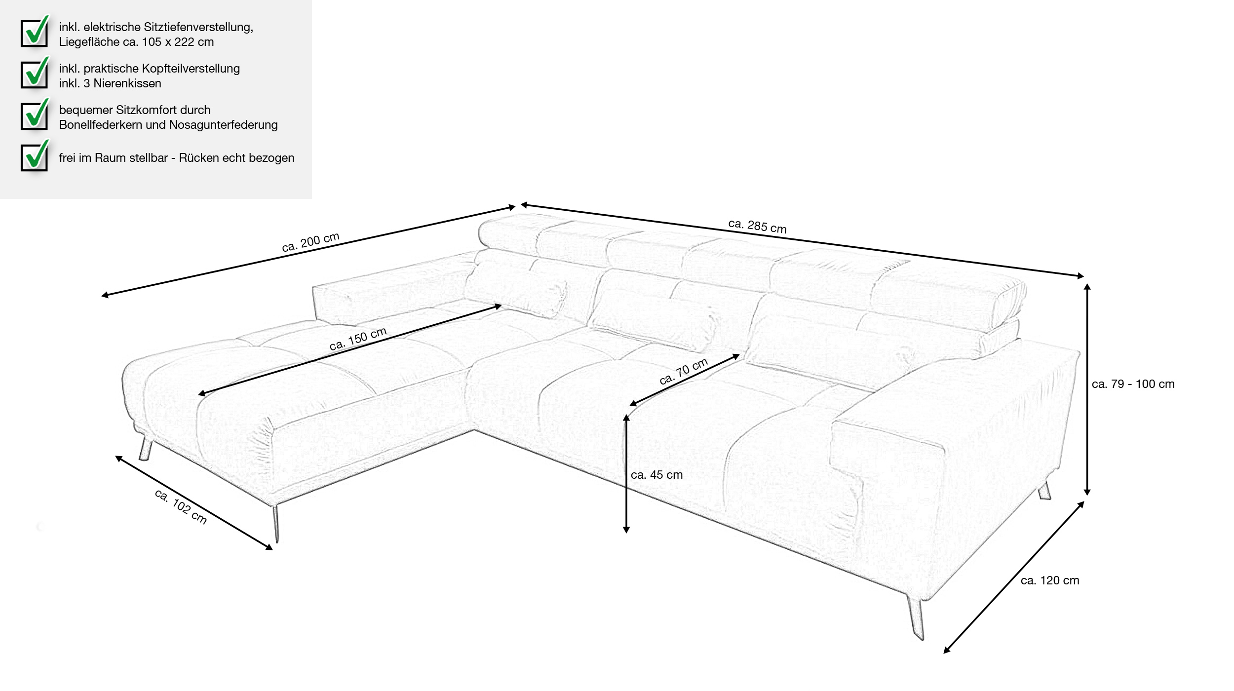 Ecksofa grau-braun 285 x 200 cm - Sitztiefenverstellung - SPEED