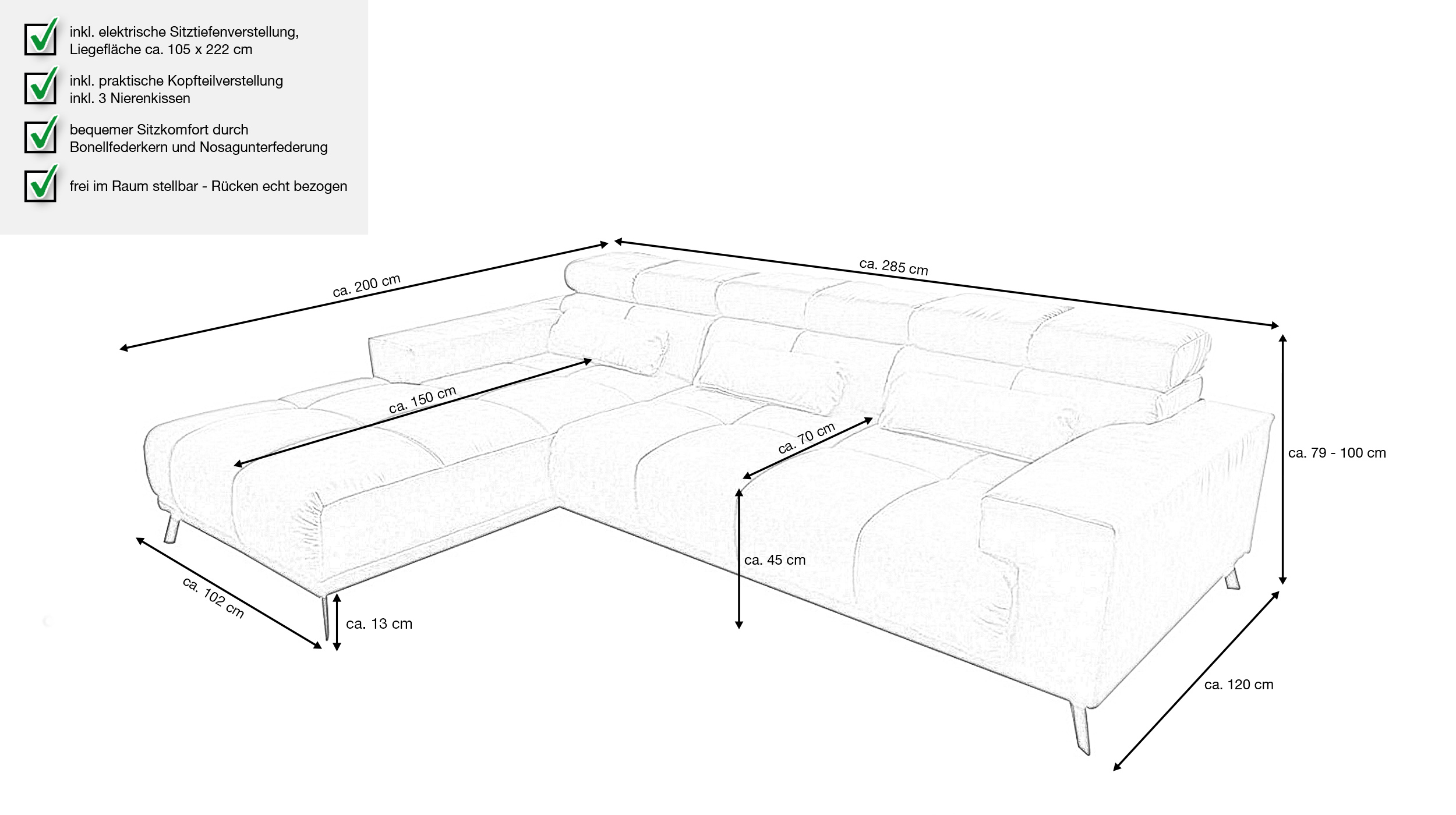 Ecksofa grau-braun elektrisch ausfahrbar 285 cm - SPEED