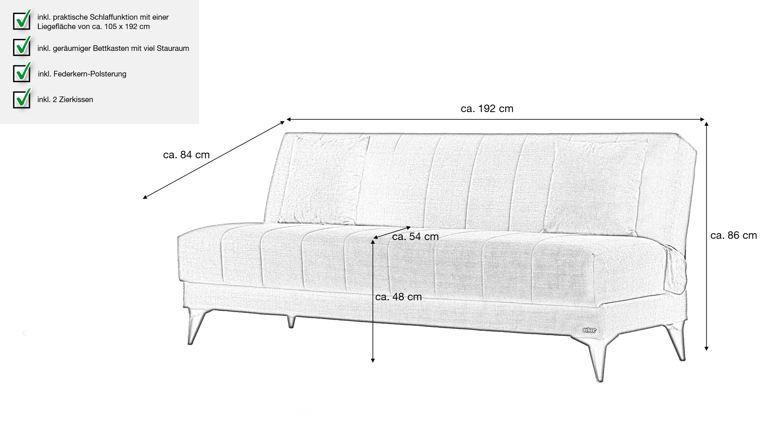 Einzelsofa 3-Sitzer grau Schlaffunktion Bettkasten 192 cm - ACTION