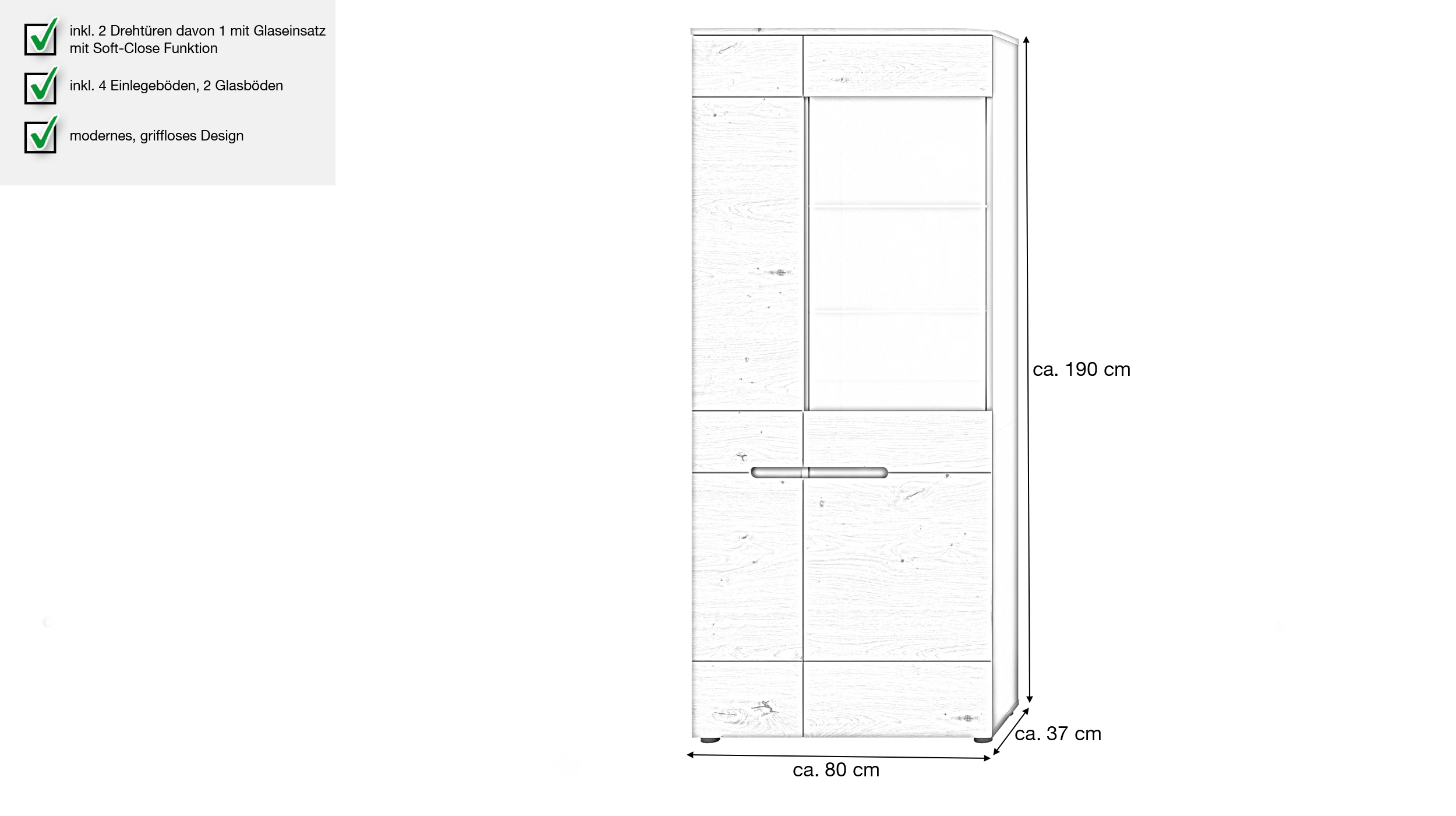 Vitrine mit Glastür Artisan Eiche Breite 80 cm - CANU