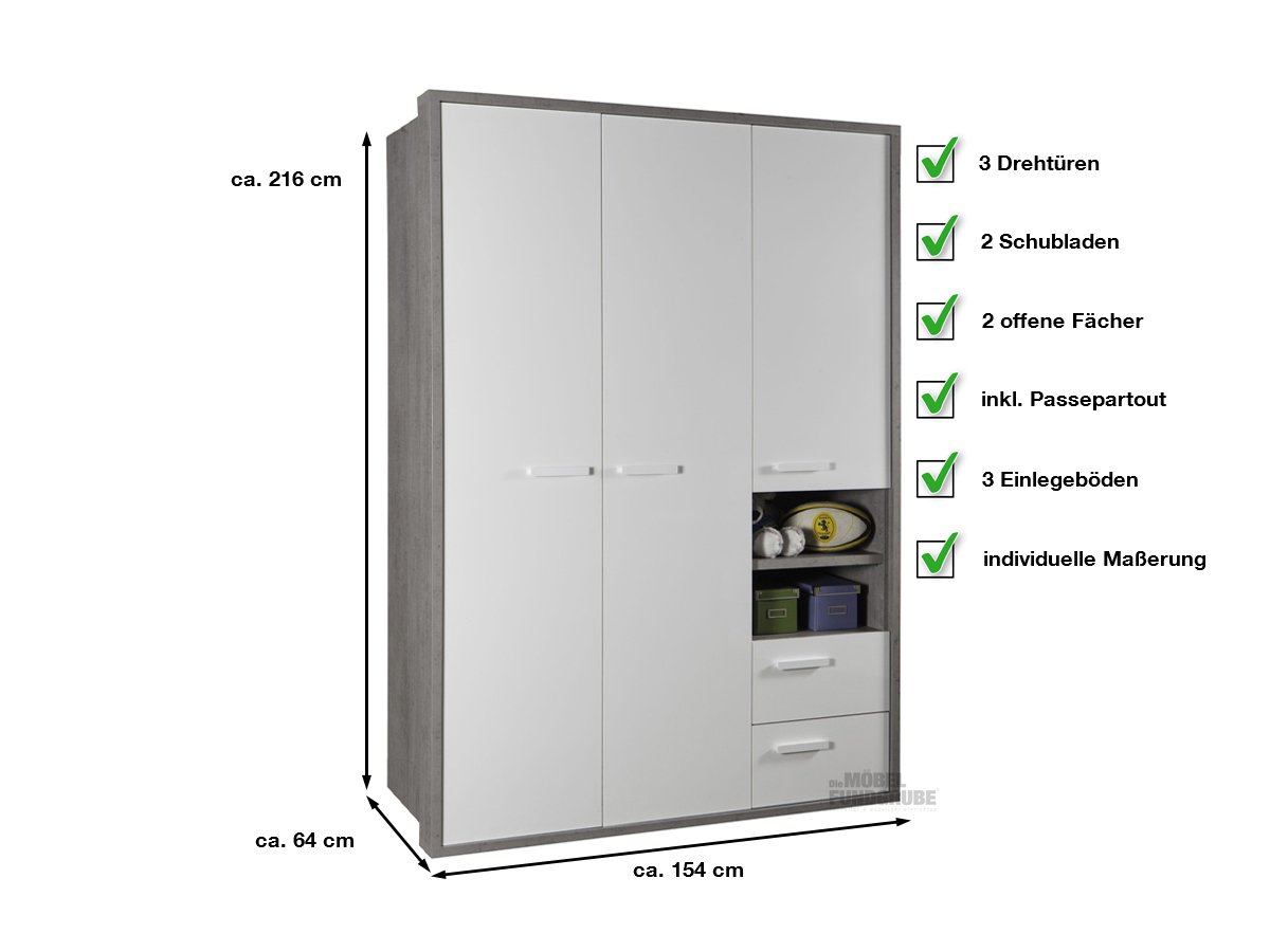 Kleiderschrank betonoptik - weiß - 154 cm - MIPIACE