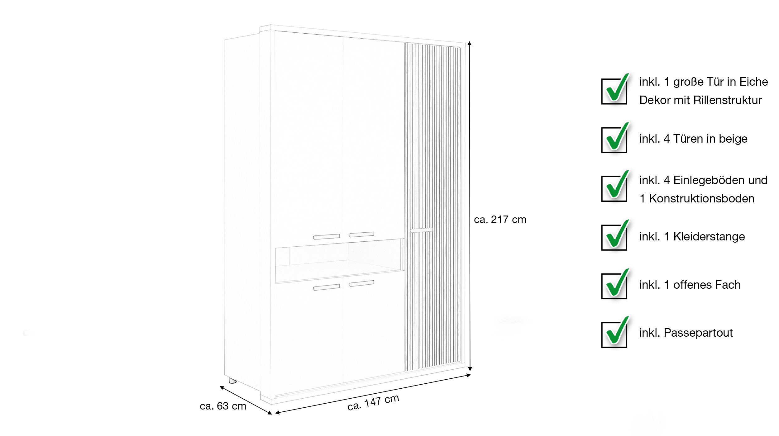 Kleiderschrank Eiche - beige - 147 cm - 5-türig - BRAVO