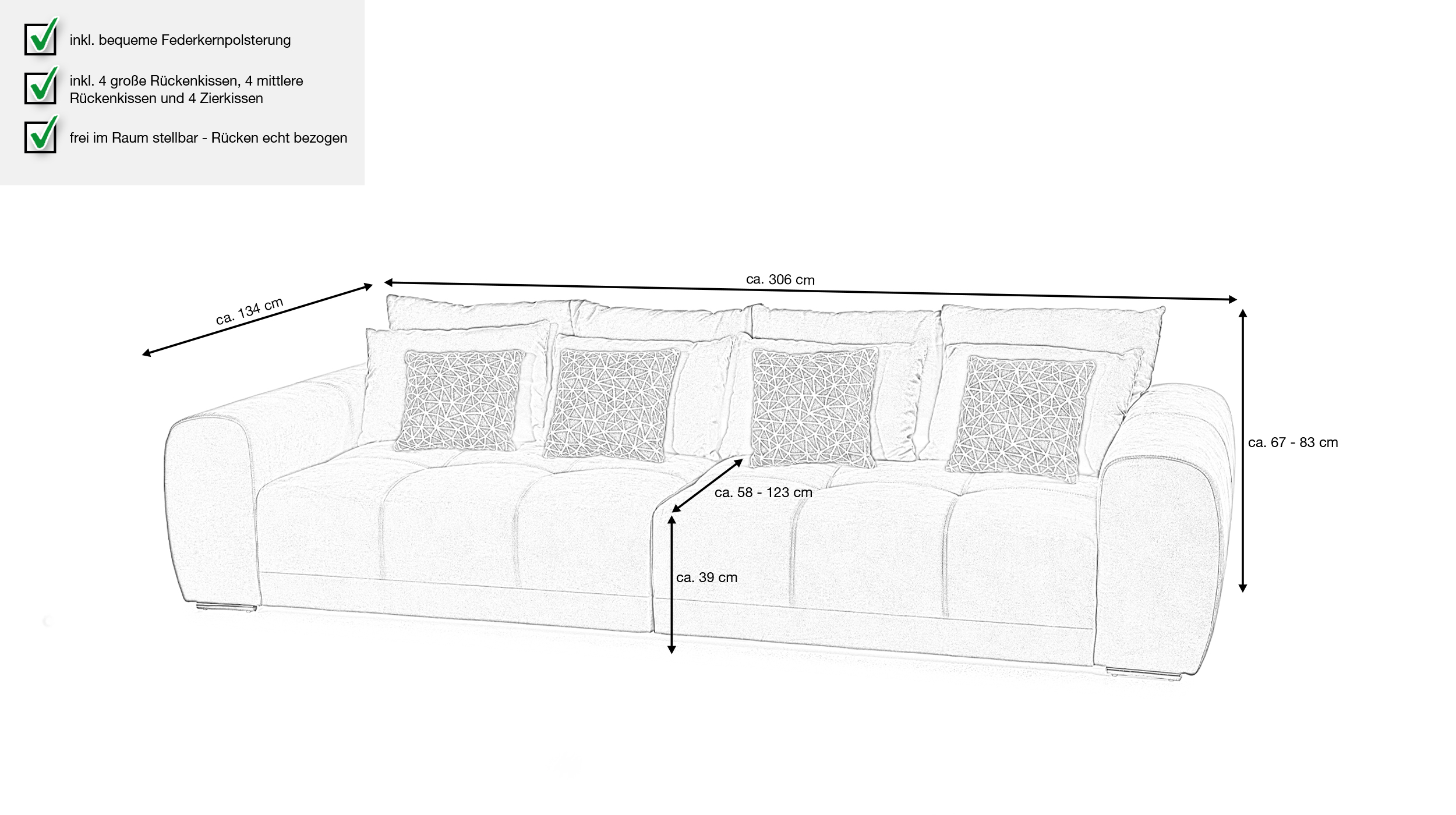 Big Sofa mit Federkern grau 306 x 134 cm - MOLDAU
