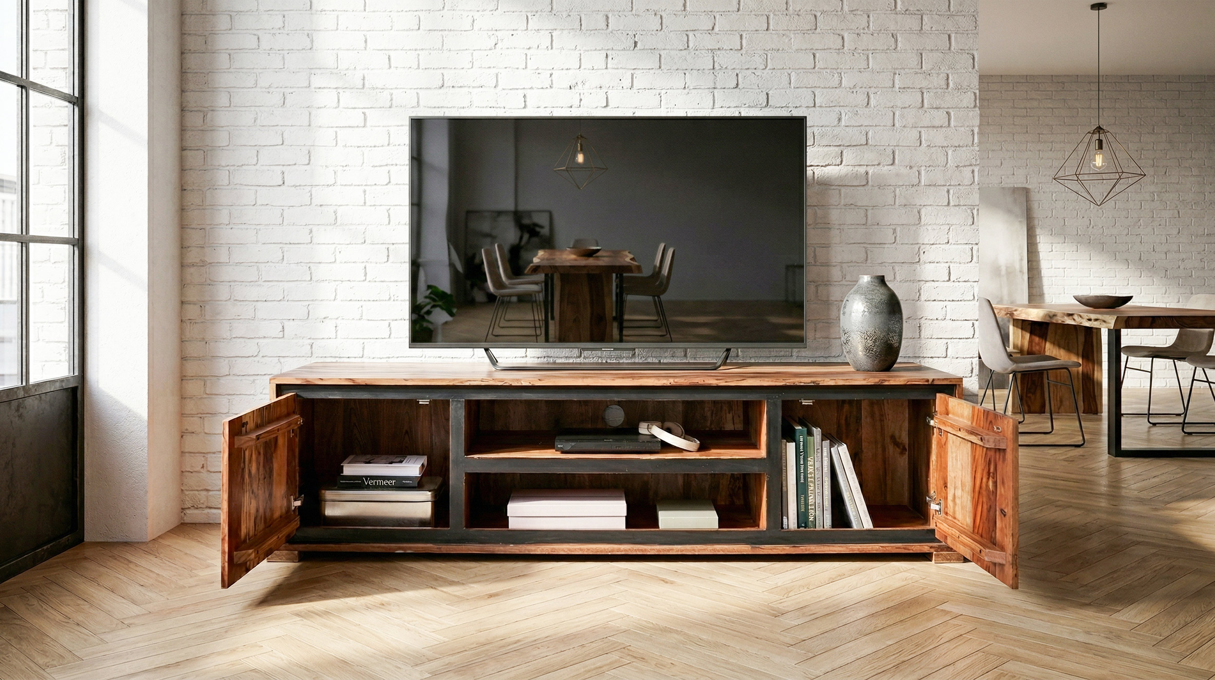 TV - Lowboard Akazie Altholz massiv montiert - 180 cm - NARVIK