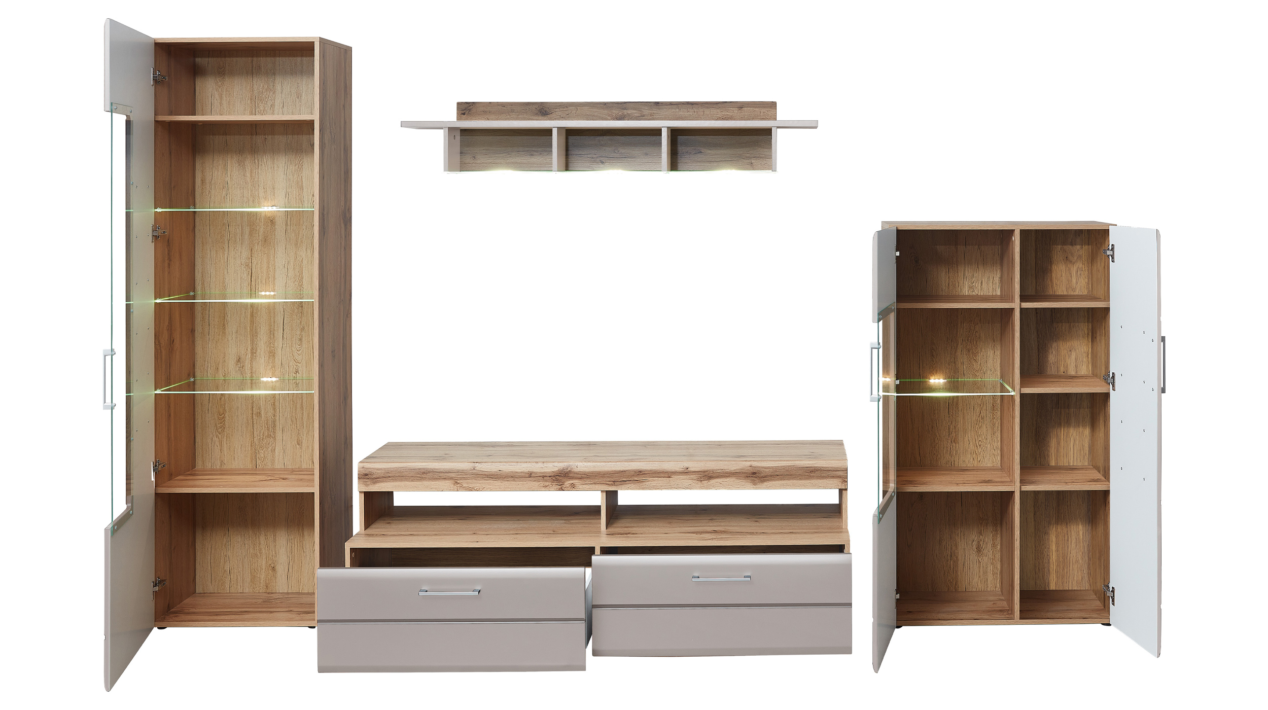 Wohnwand beige Eiche 340 cm - LED-Beleuchtung - SINFONIE  Wohnwand beige Eiche 340 cm - LED-Beleuchtung - SINFONIE