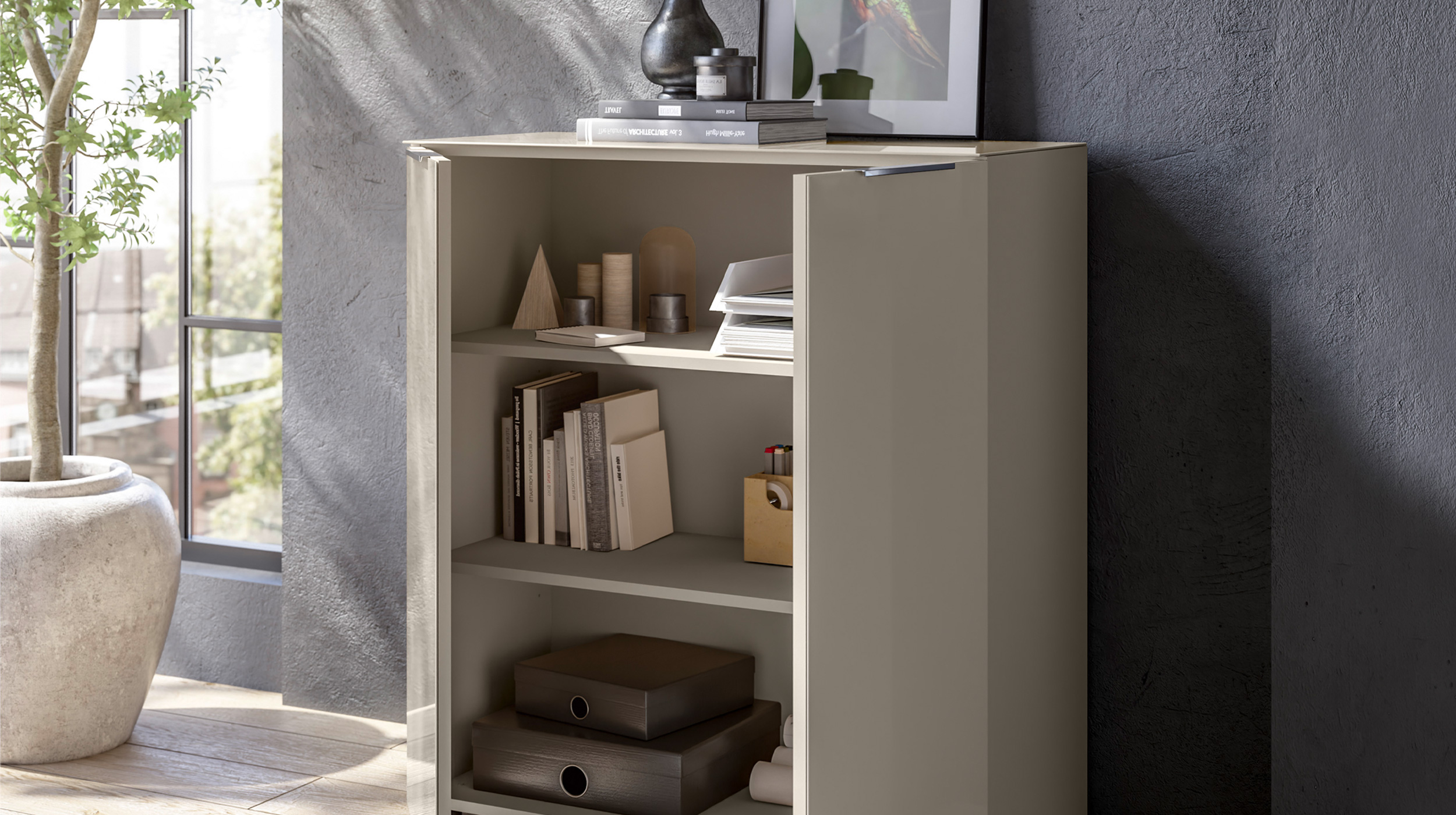 Kommode - beige - Glasfront - 90 x 40 cm - SANTORIN