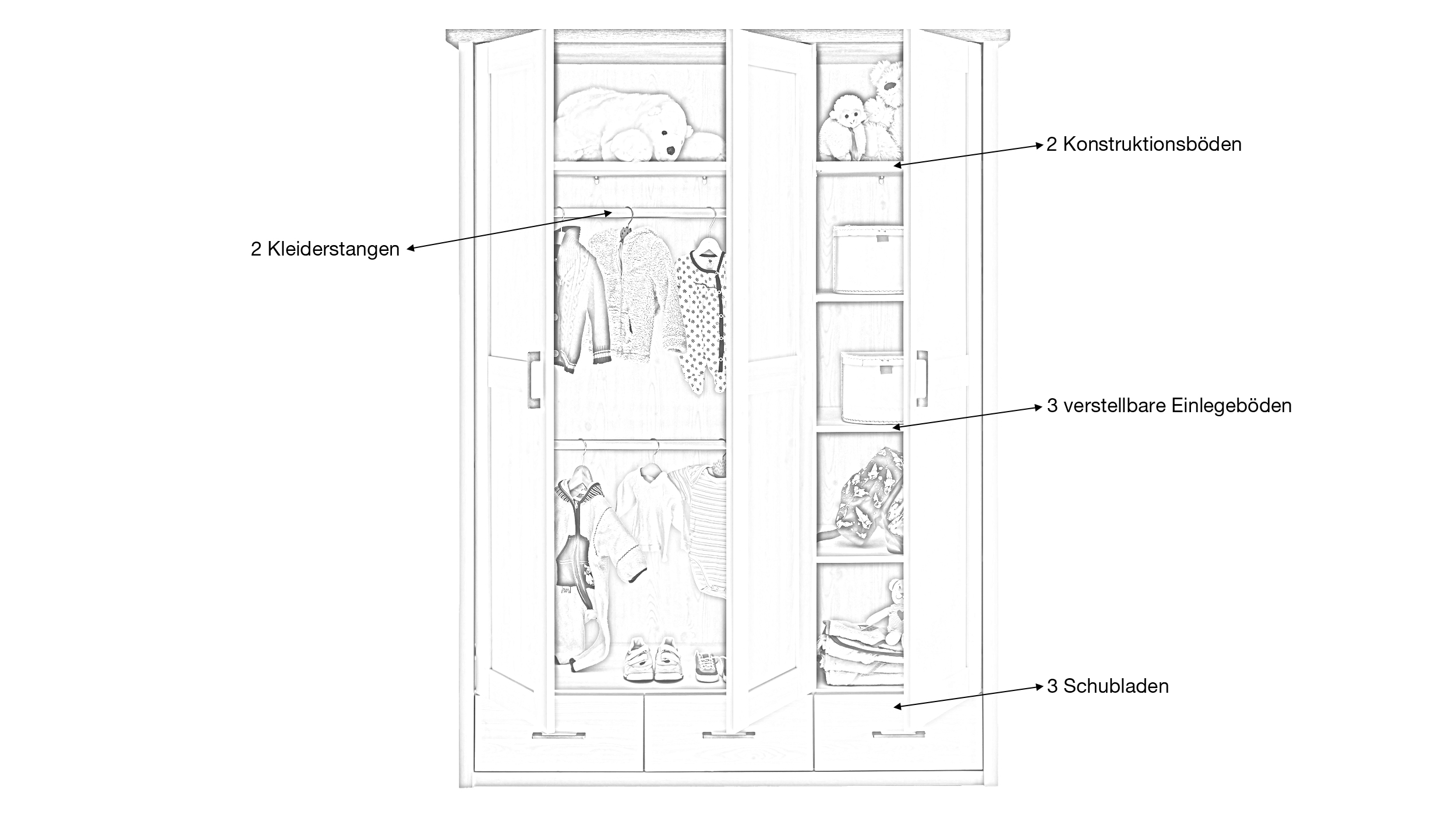 Kleiderschrank 148 cm Pinie weiß 3-türig - LUCA