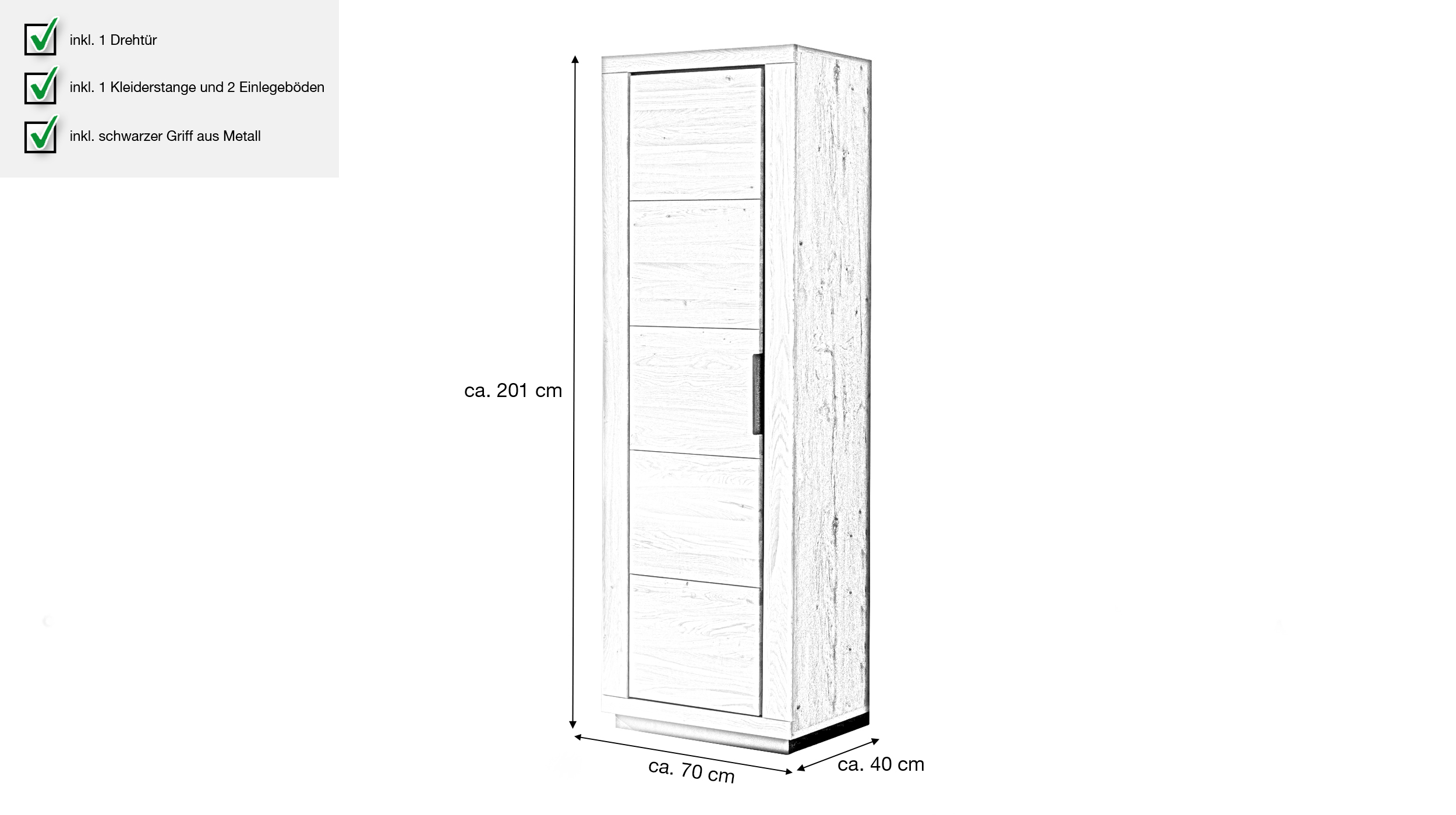 Garderobenschrank Wildeiche teilmassiv geölt - 70 cm - GRENO
