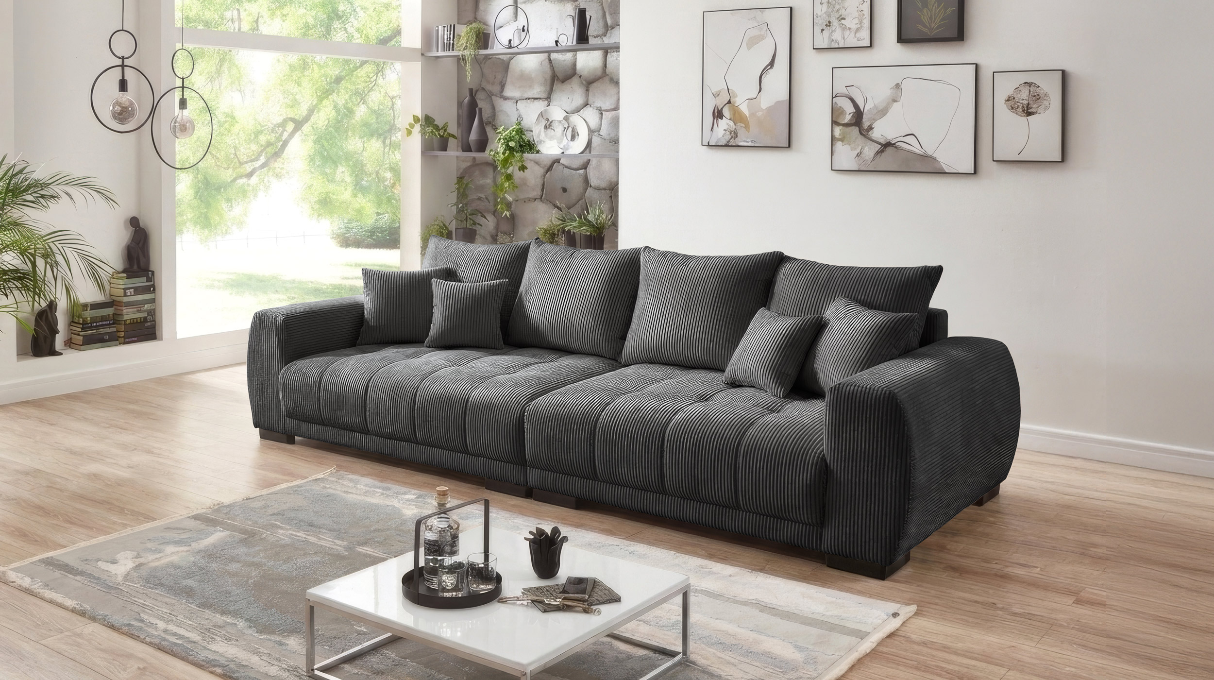 Big Sofa Cord grau mit Nosagunterfederung 300 cm - ARTEMIS