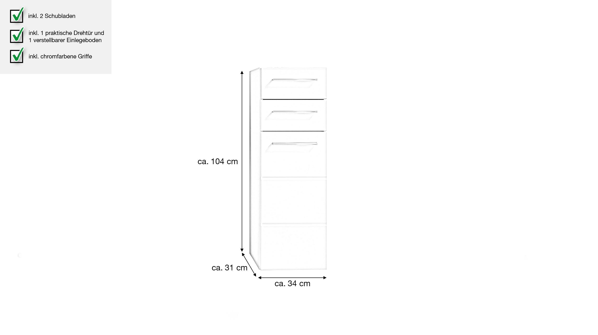 Bad Unterschrank weiß hochglanz 34 cm - 2 Schubladen - MANDY
