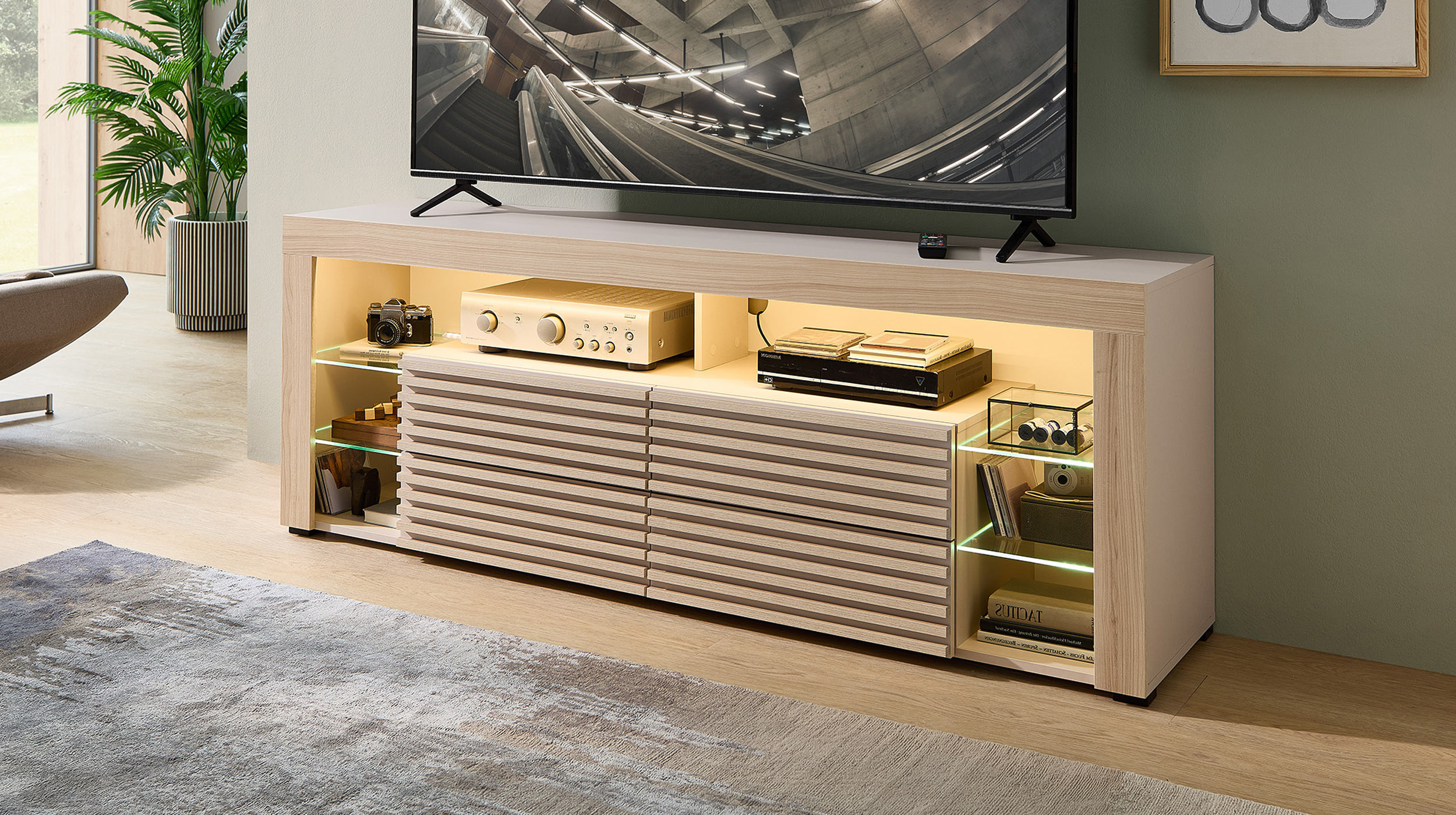 TV - Lowboard beige - Riva Eiche 179 cm - mit Beleuchtung - GOAL