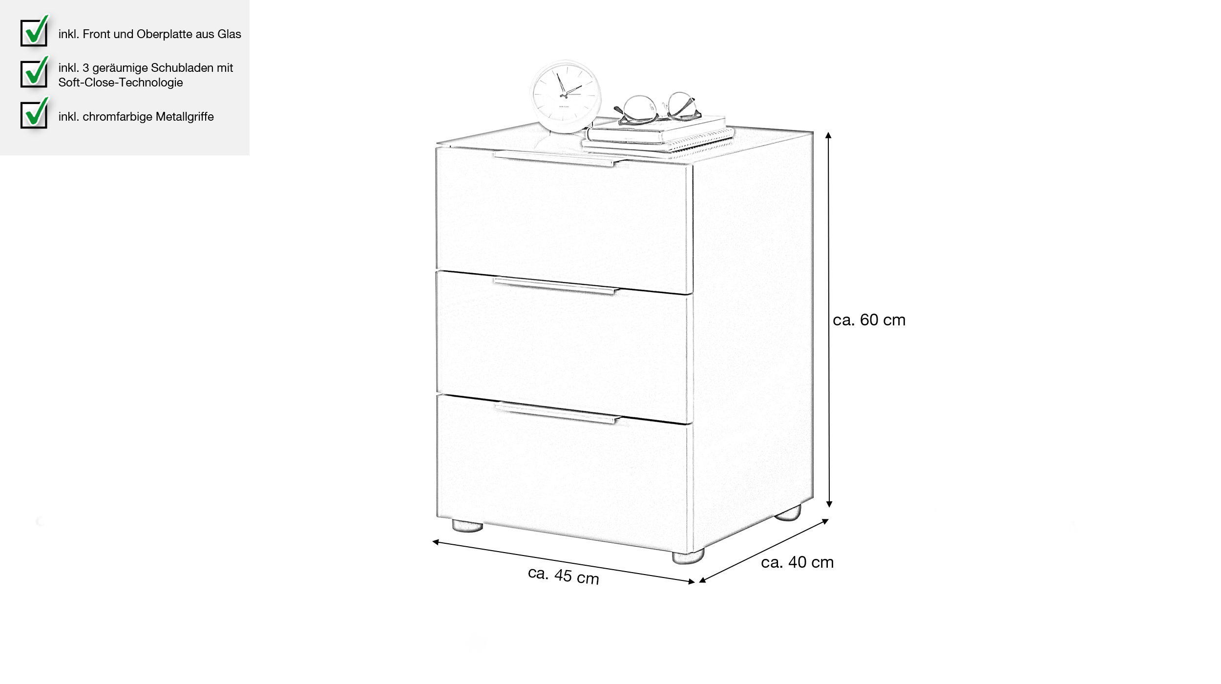 Nachttisch anthrazit - Glasfront - 45 x 40 cm - SANTORIN