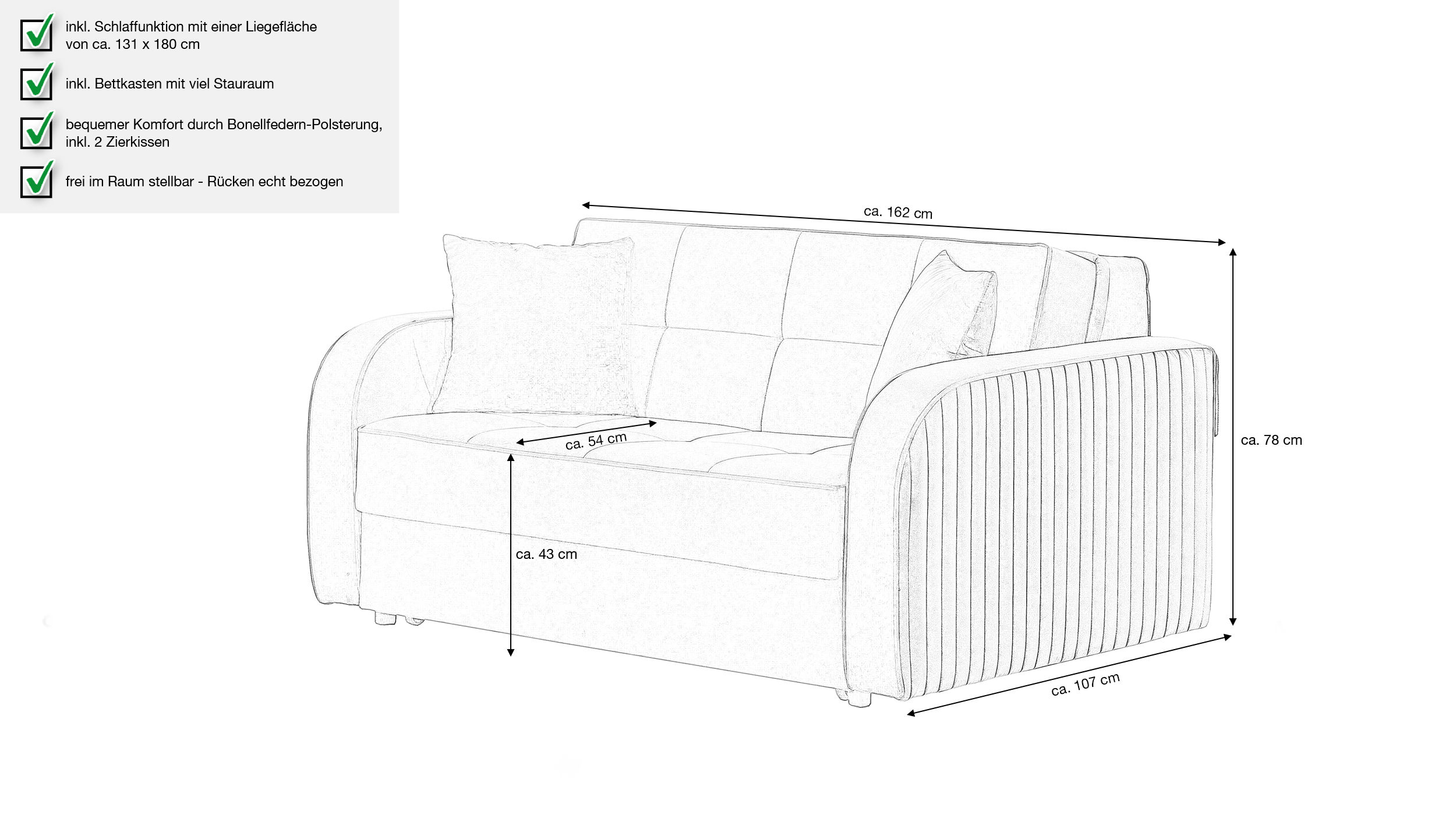 Schlafsofa anthrazit Bettkasten Dauerschläfer 162 cm - FREDERICO