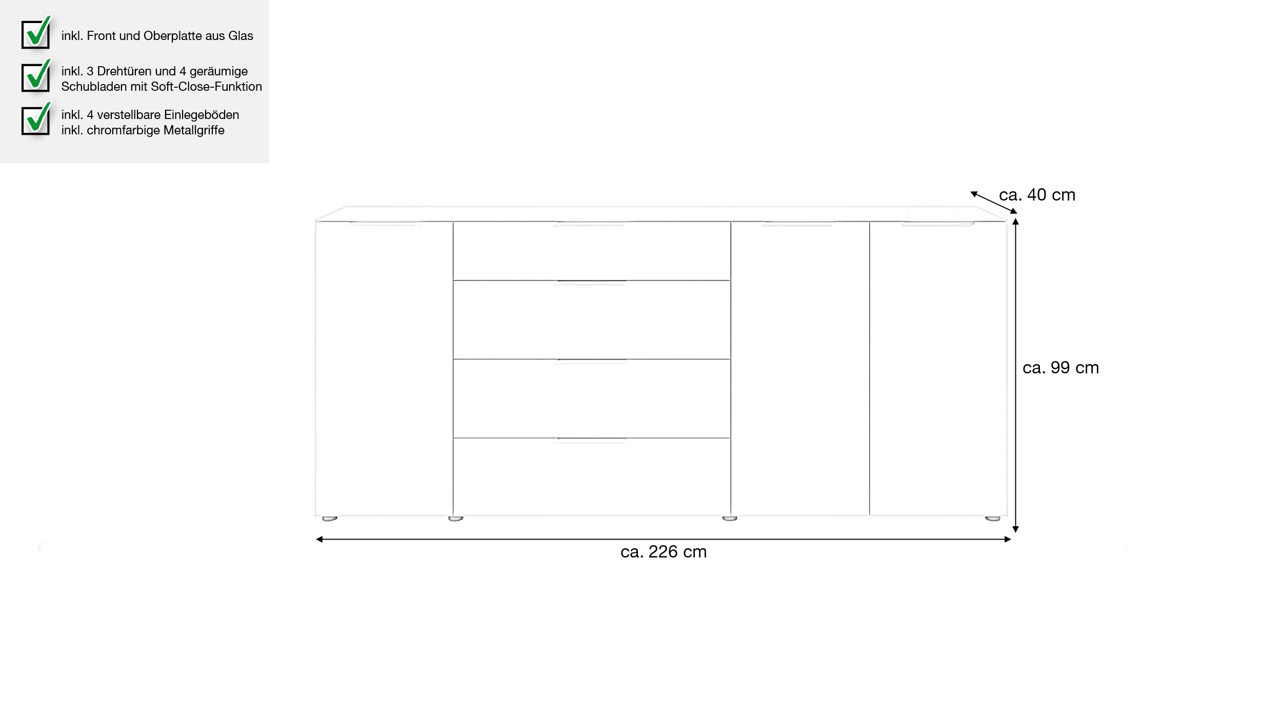 Sideboard 4 Schubladen - beige - Glasfront - 226 cm - SANTORIN