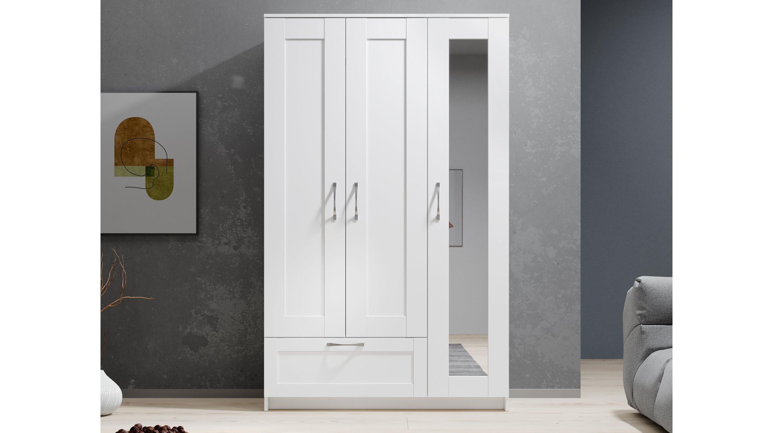 Kleiderschrank mit Spiegel - weiß - 117 cm - SALIAS