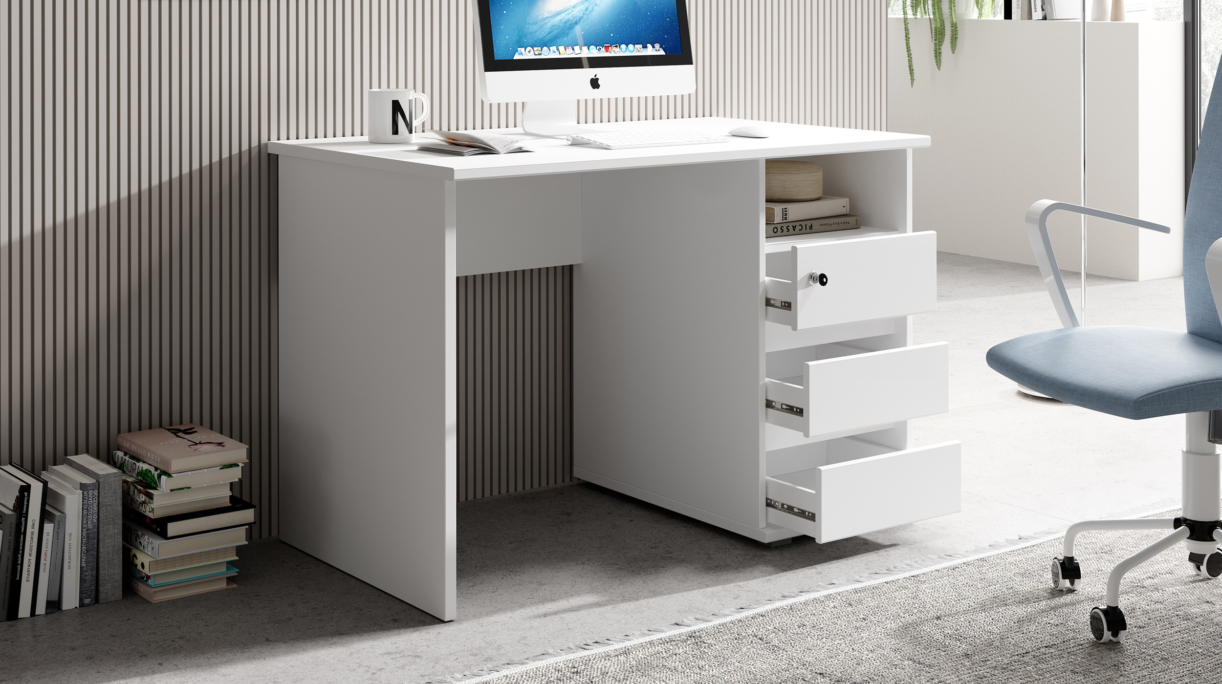 Schreibtisch weiß 110 cm - 3 Schubladen - PRIMUS 