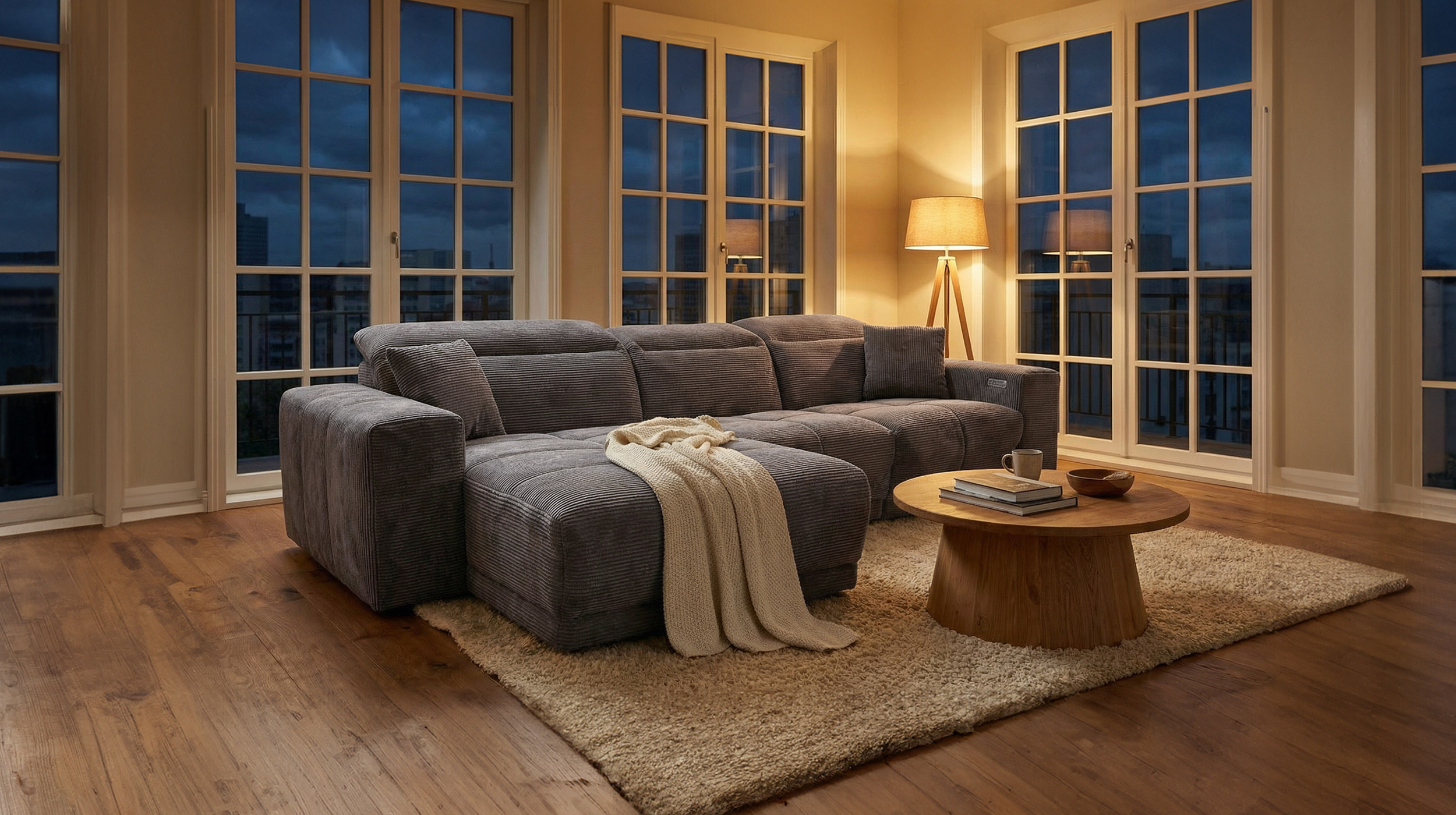 Ecksofa Cord grau 302 x 167 cm mit Relaxfunktion - OT links - TONI