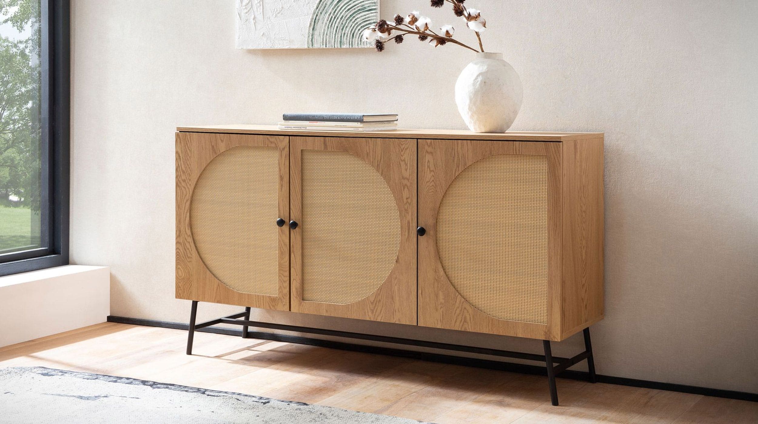 Sideboard Eiche Holzdekor - Rattan 140 cm - 3-türig - RATVAN