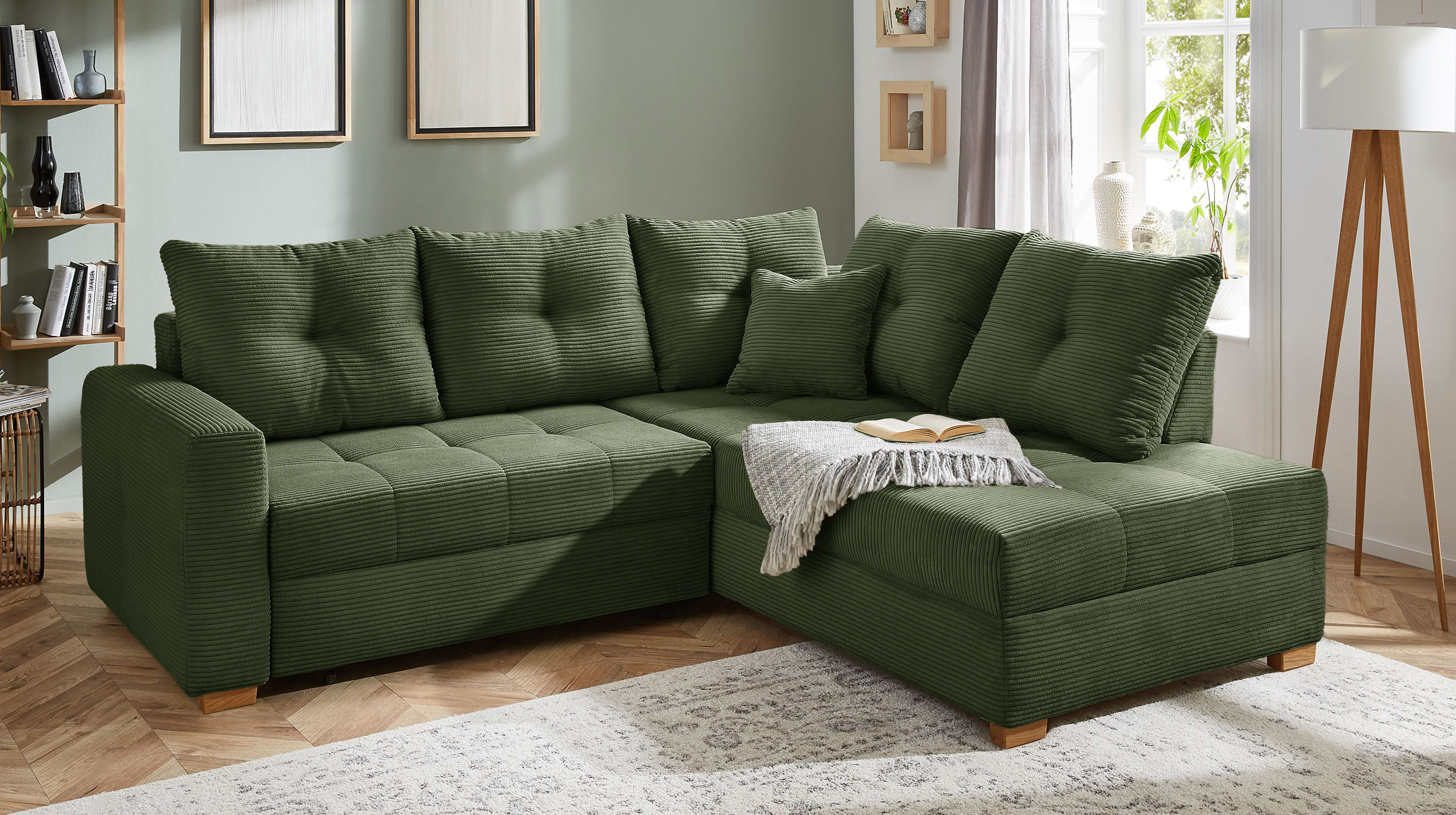 Ecksofa Cord grün - Schlaffunktion Bettkasten 228 cm - HEIDELBERG