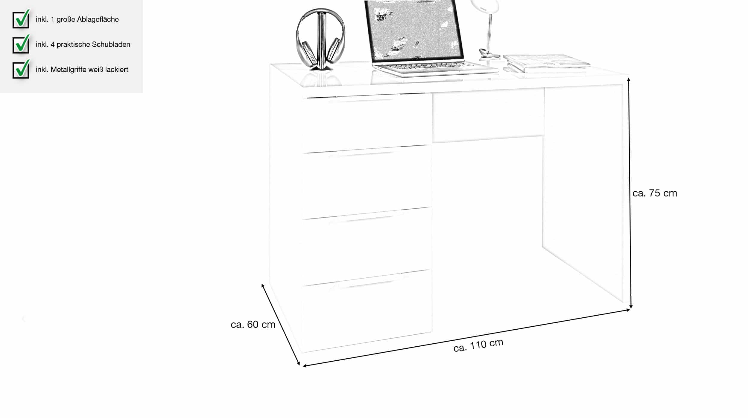 Computerschreibtisch mit Schublade weiß Hochglanz 110 cm - ESPRESSO