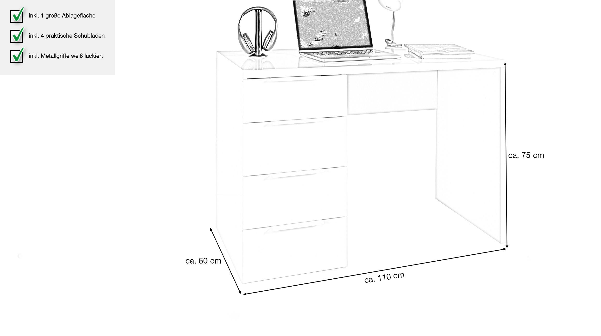 Computerschreibtisch mit Schublade weiß hochglanz 110 cm - ESPRESSO