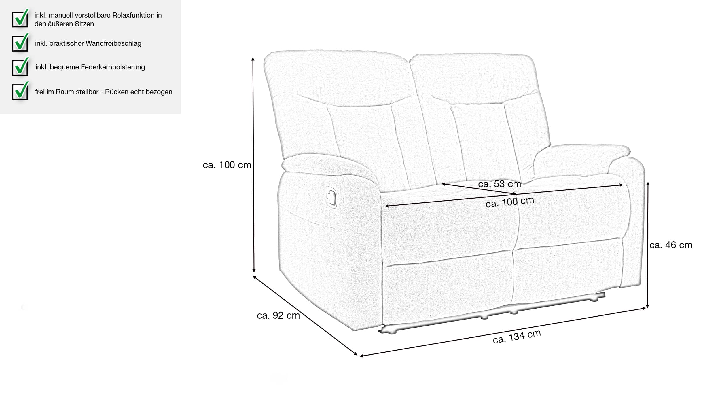 Einzelsofa 2-Sitzer grau 134 cm - mit Relaxfunktion - SERIO