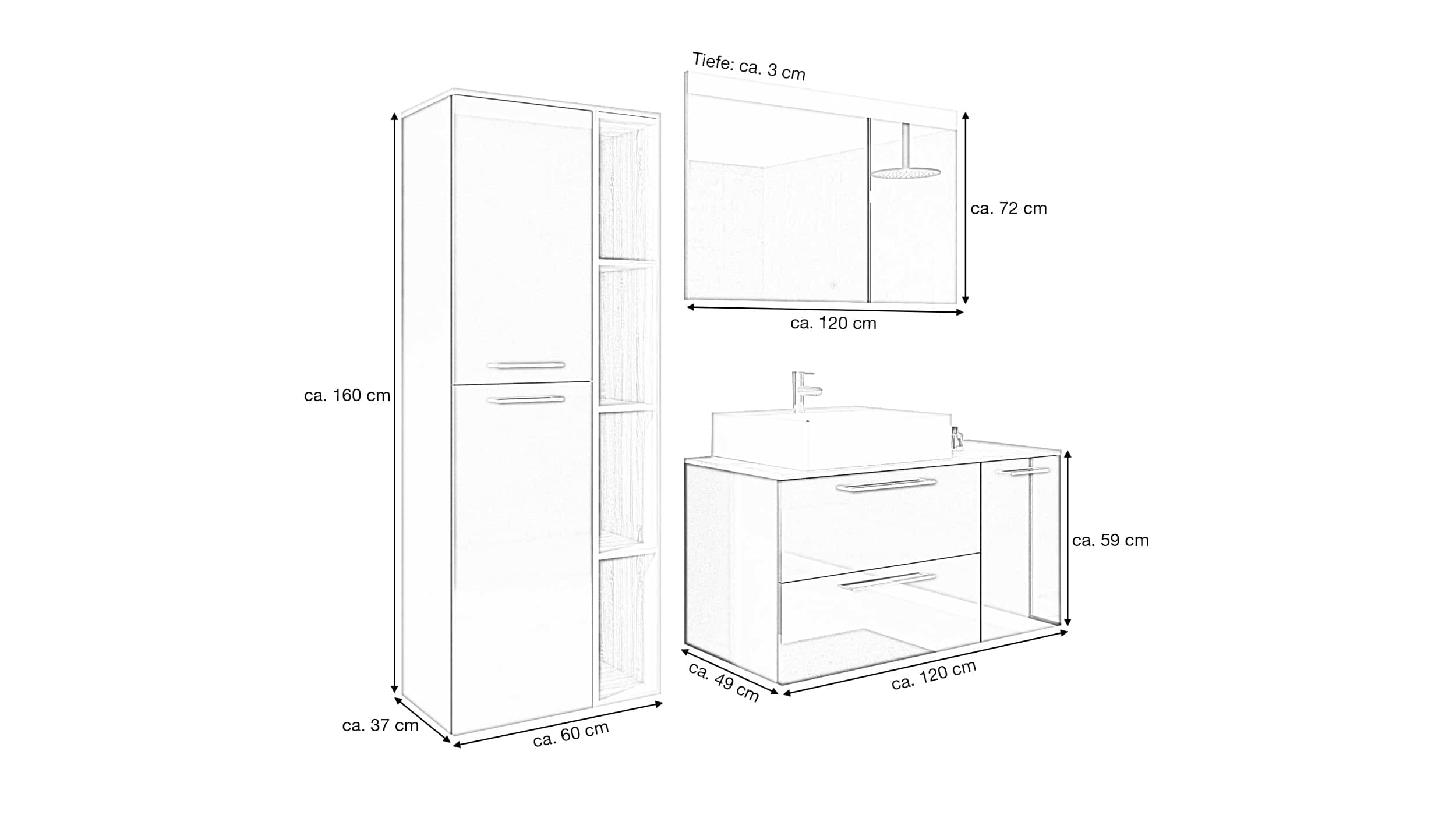 Nobilia Badmöbelset hochglanz grau - 3-tlg - Waschplatz 120 cm - FRANKA