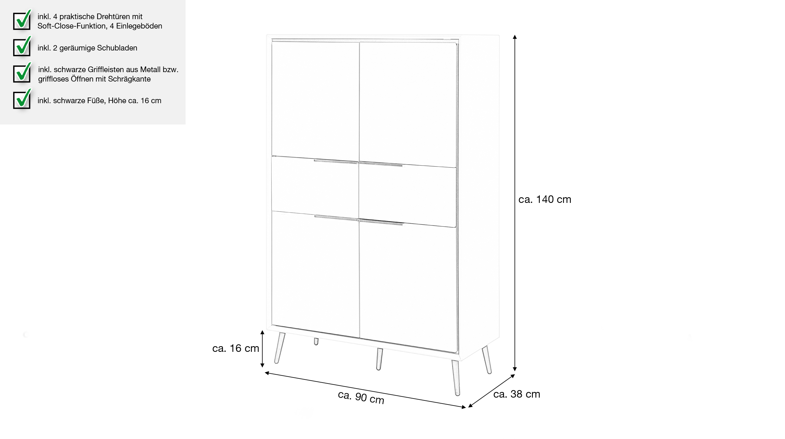 Highboard 4 Türen 2 Schubladen beige schwarz 90 cm - ARONA