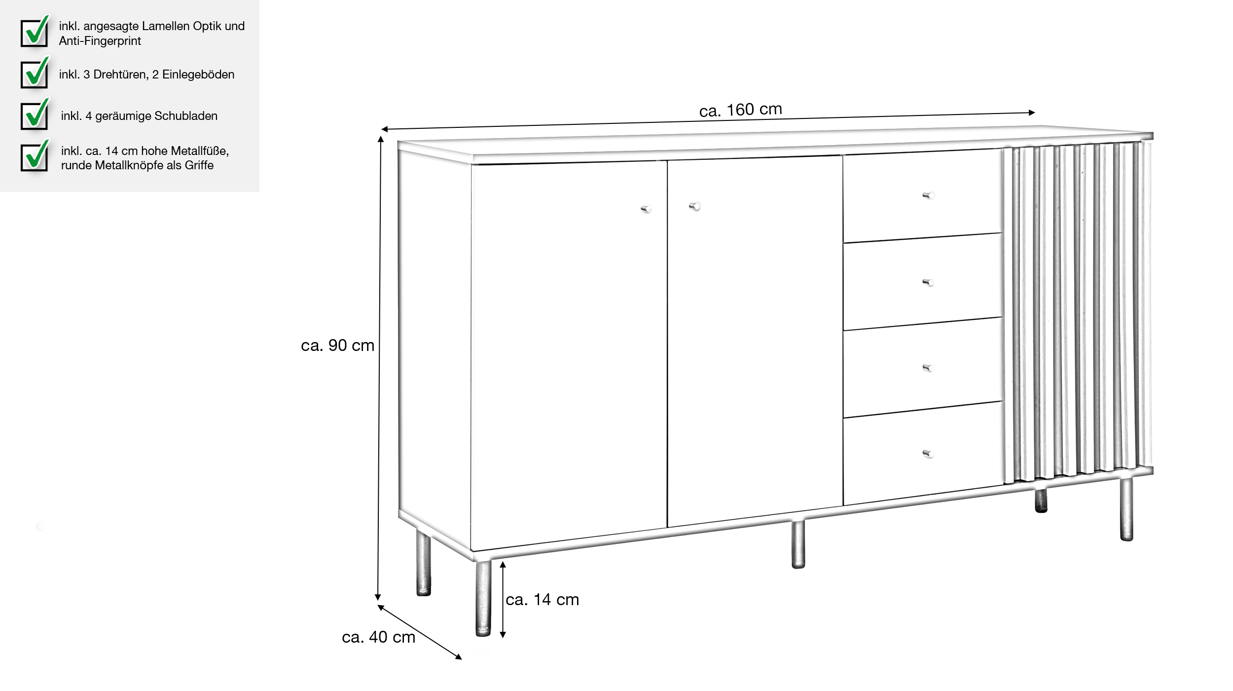 Sideboard schwarz Artisan Eiche - 4 Schubladen 160 cm - MONZA