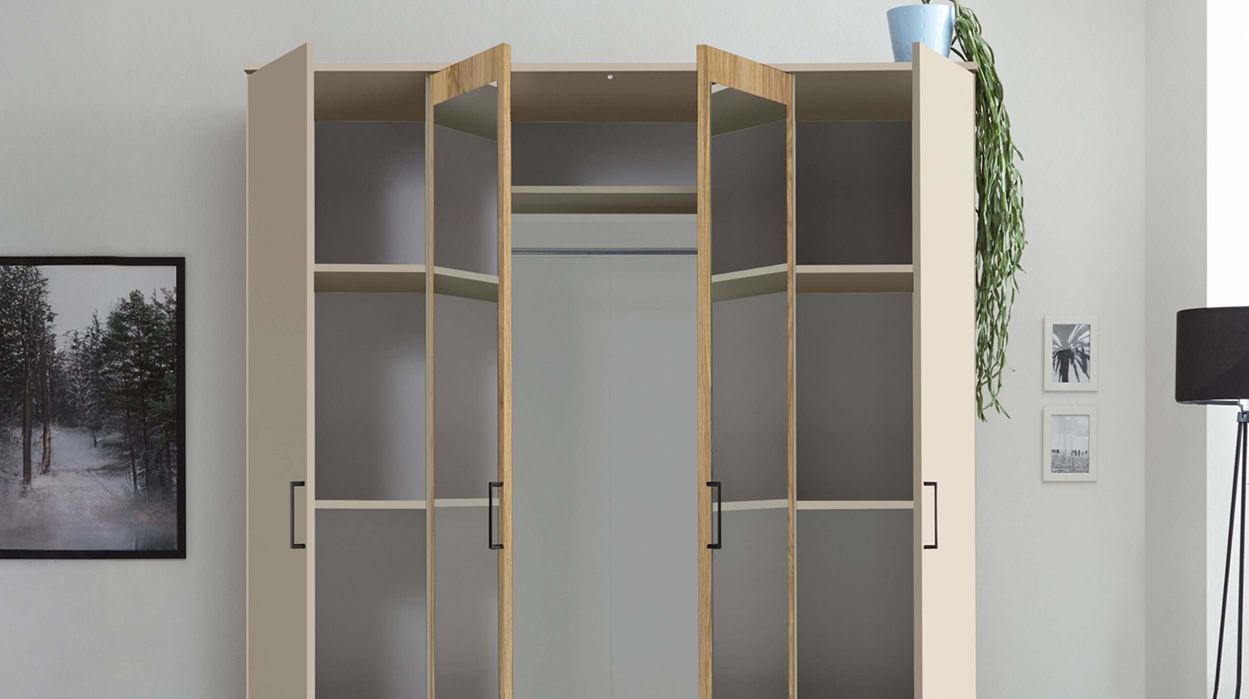 Kleiderschrank mit Spiegel 159 cm - beige - Eiche - 4-türig - CHICAGO