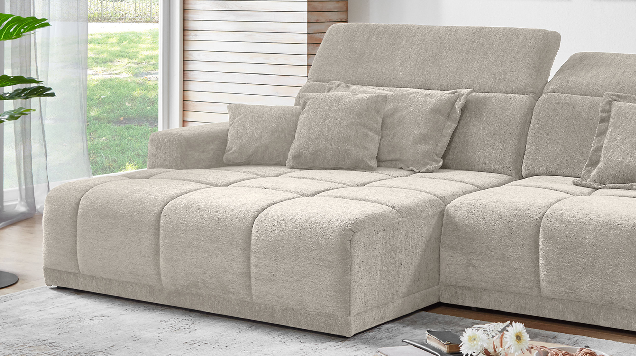 Ecksofa beige elektrisch ausfahrbar 288 cm - OT links - BROOK