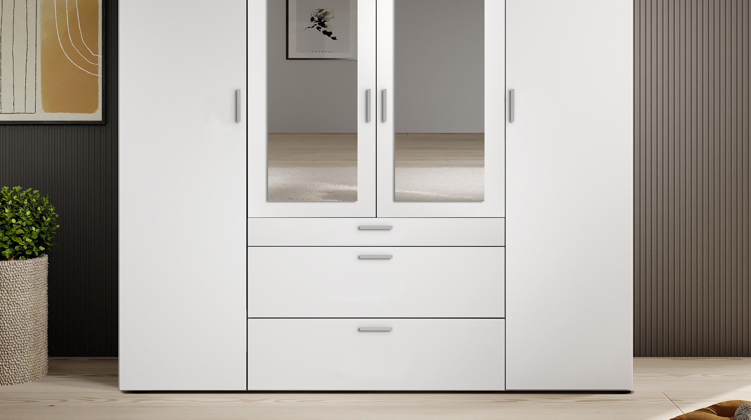 Kleiderschrank weiß mit Spiegel - 180 cm - 4-türig - VESALA