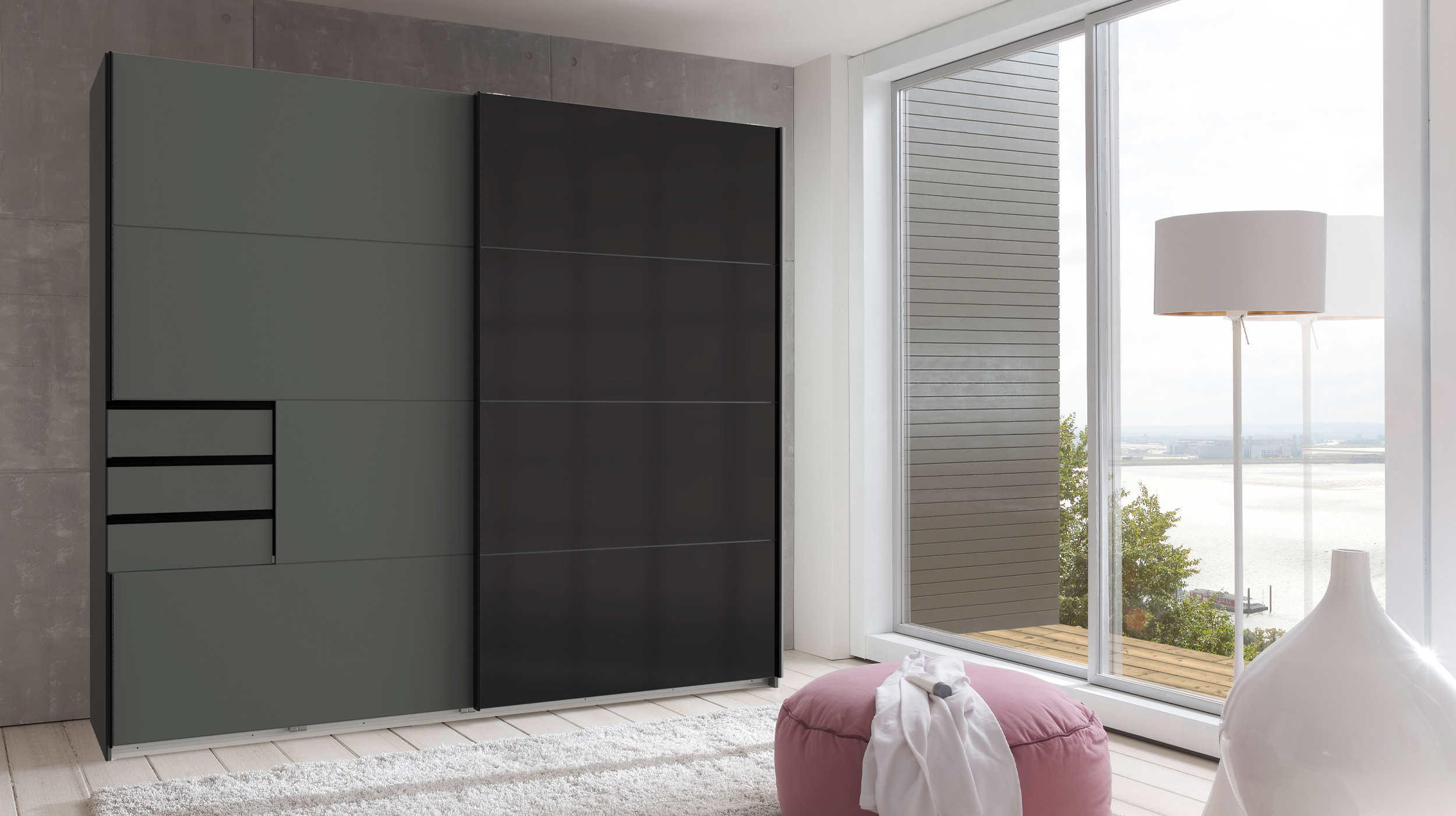 Schwebetürenschrank graphit - schwarz - Glasfront - 225 cm - SAIGON