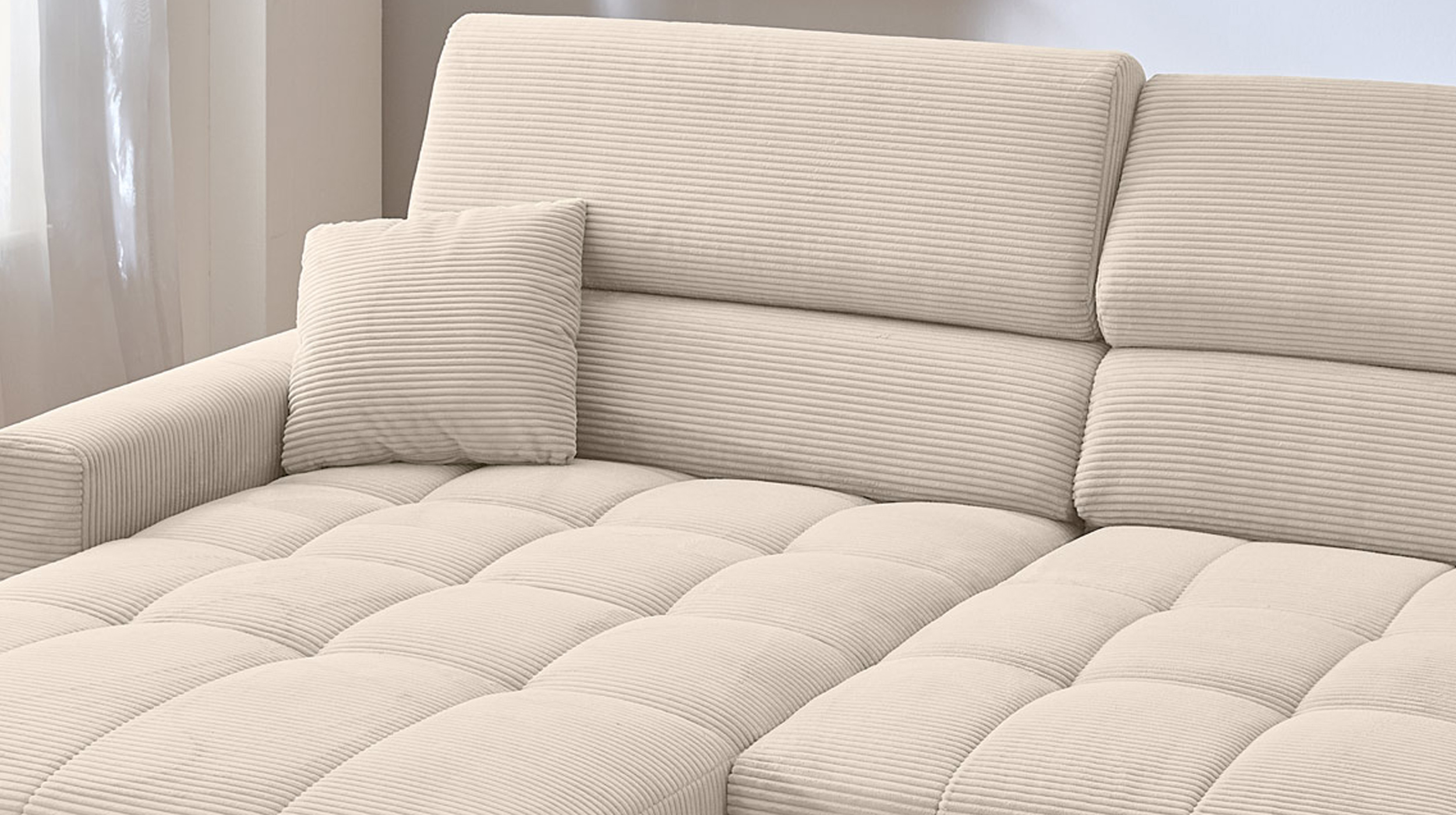 Ecksofa Cord beige ausziehbar - Sitztiefenverstellung 256 cm - OT links - SIMPLE  Ecksofa Cord beige ausziehbar - Sitztiefenverstellung 256 cm - OT links - SIMPLE