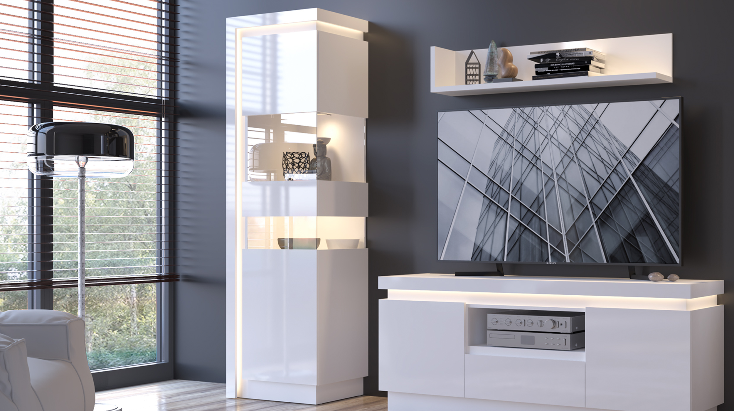 Vitrine mit Beleuchtung weiß Hochglanz Breite 60 cm - LYON
