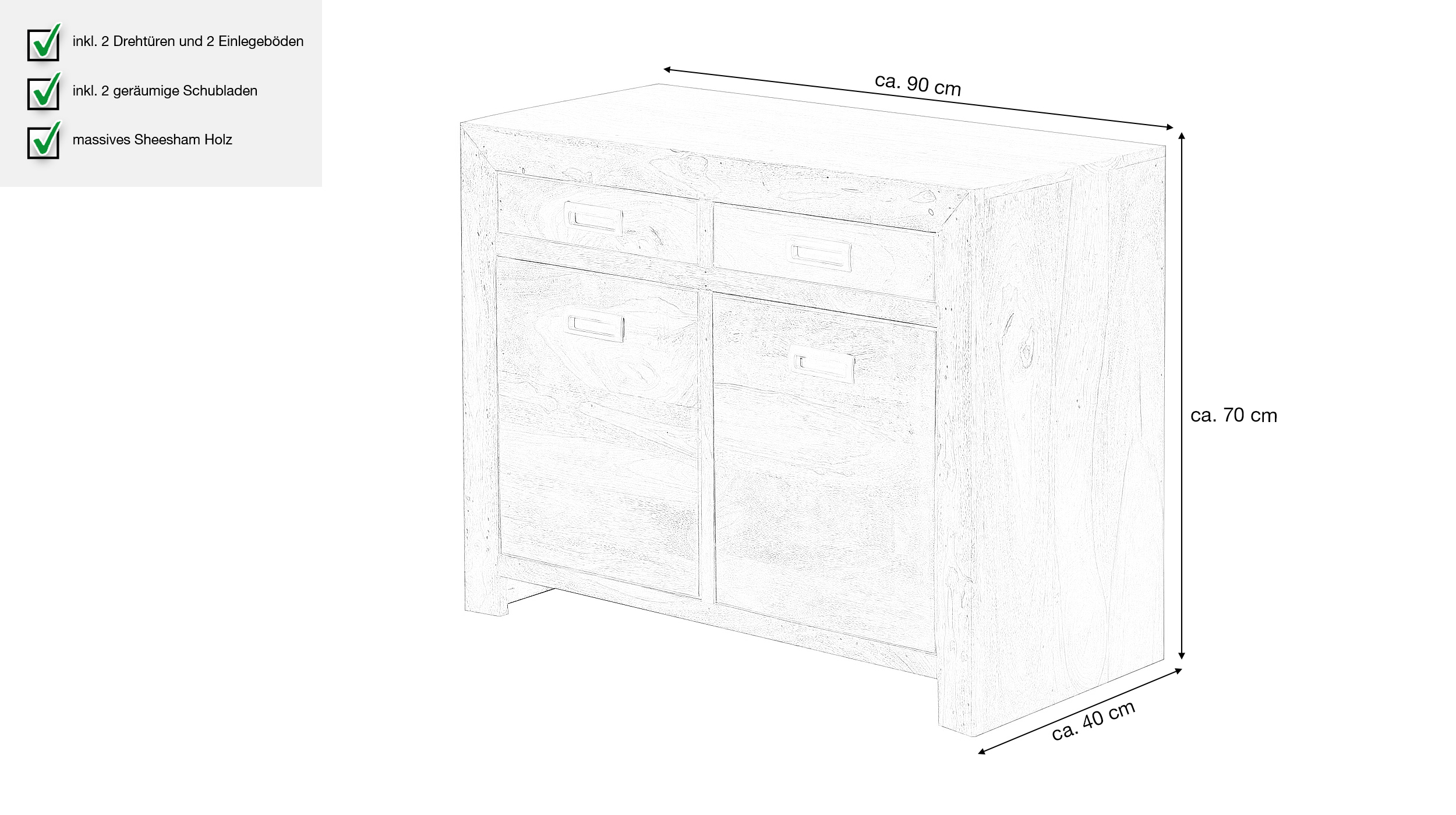 Sideboard mit 2 Schubladen Sheesham massiv 90 cm - MOA