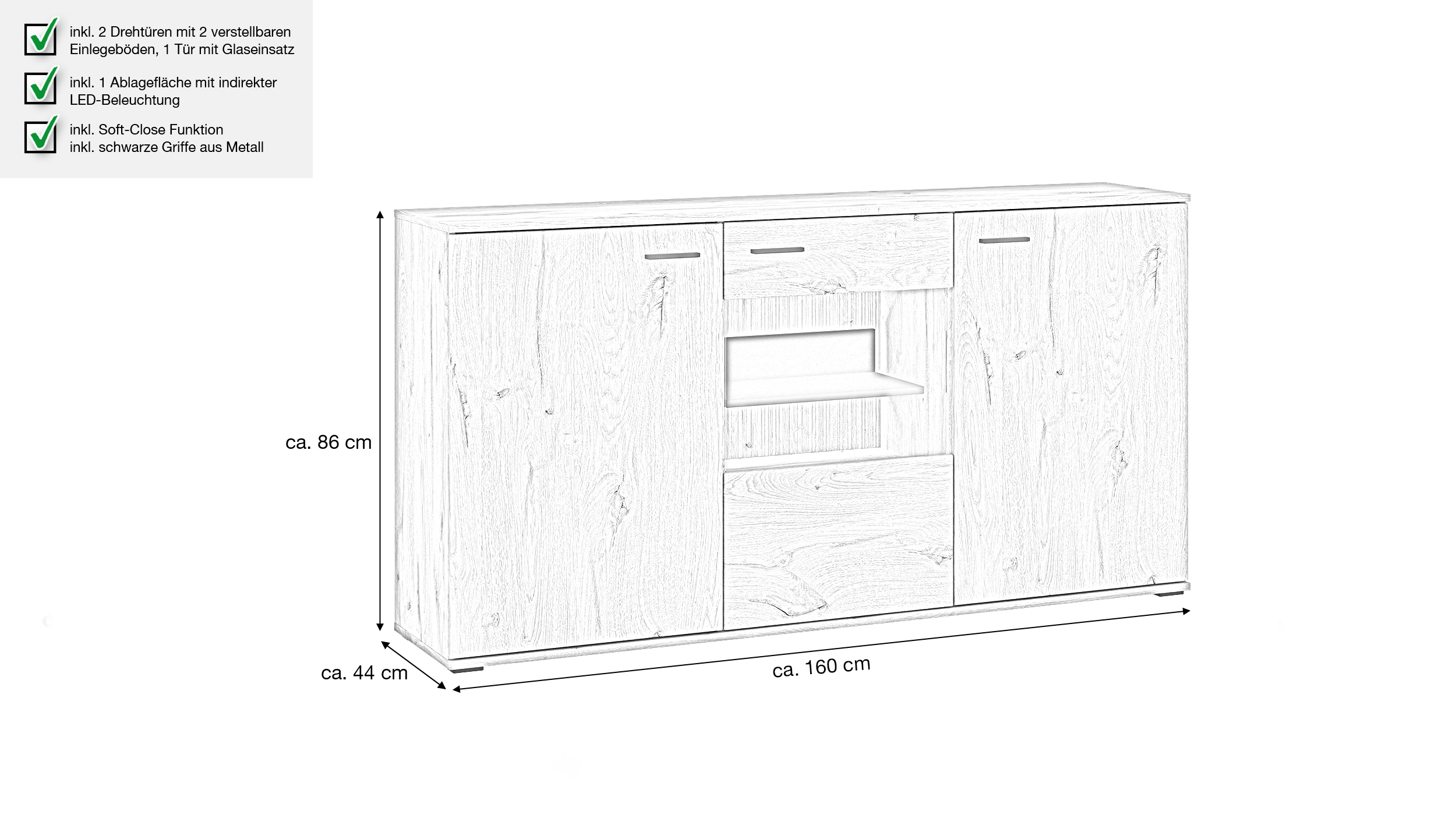 Sideboard mit Glastür Viking Eiche - Beleuchtung 160 cm - PARDOO
