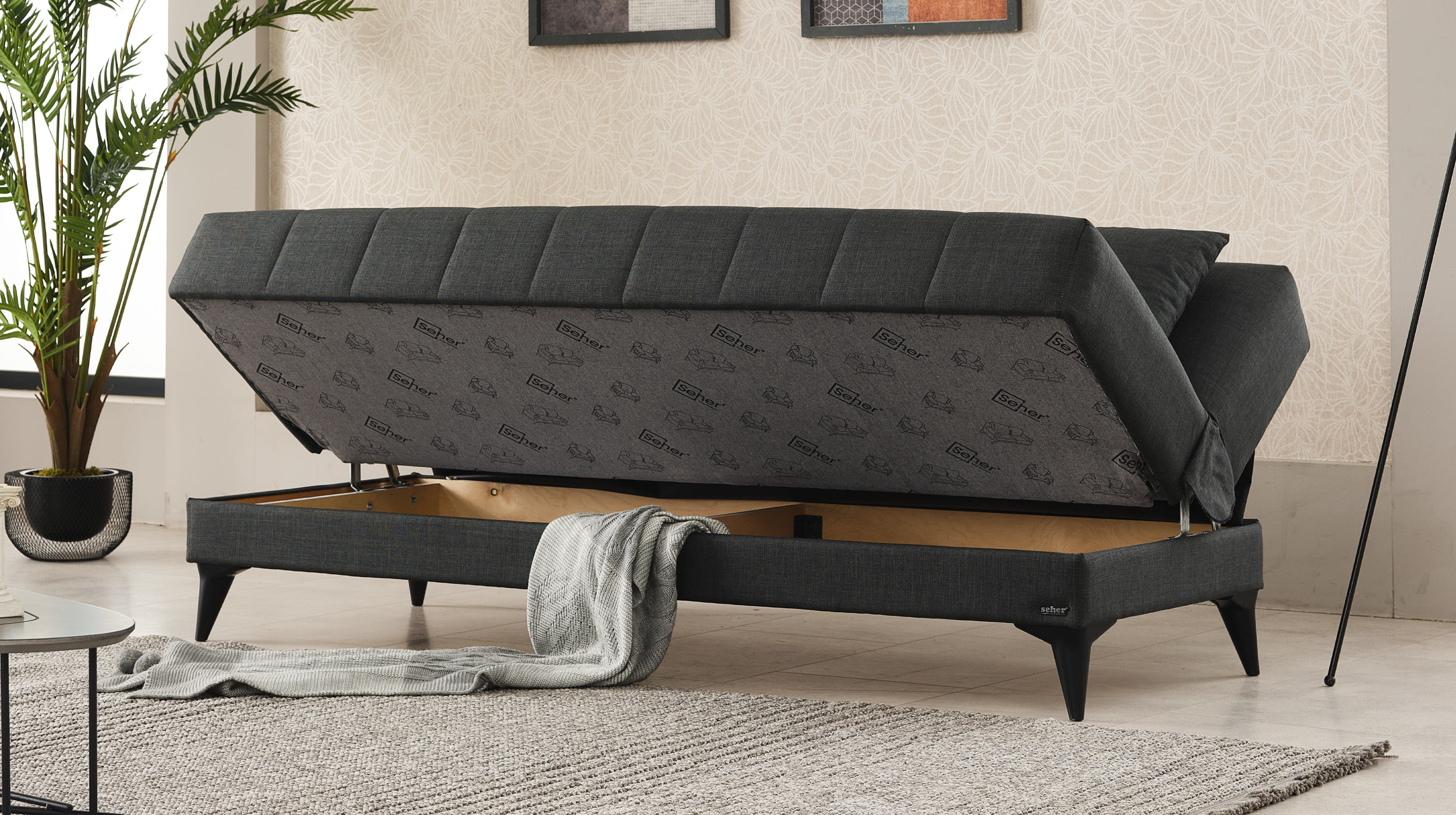 Einzelsofa 3-Sitzer grau Schlaffunktion Bettkasten 192 cm - ACTION