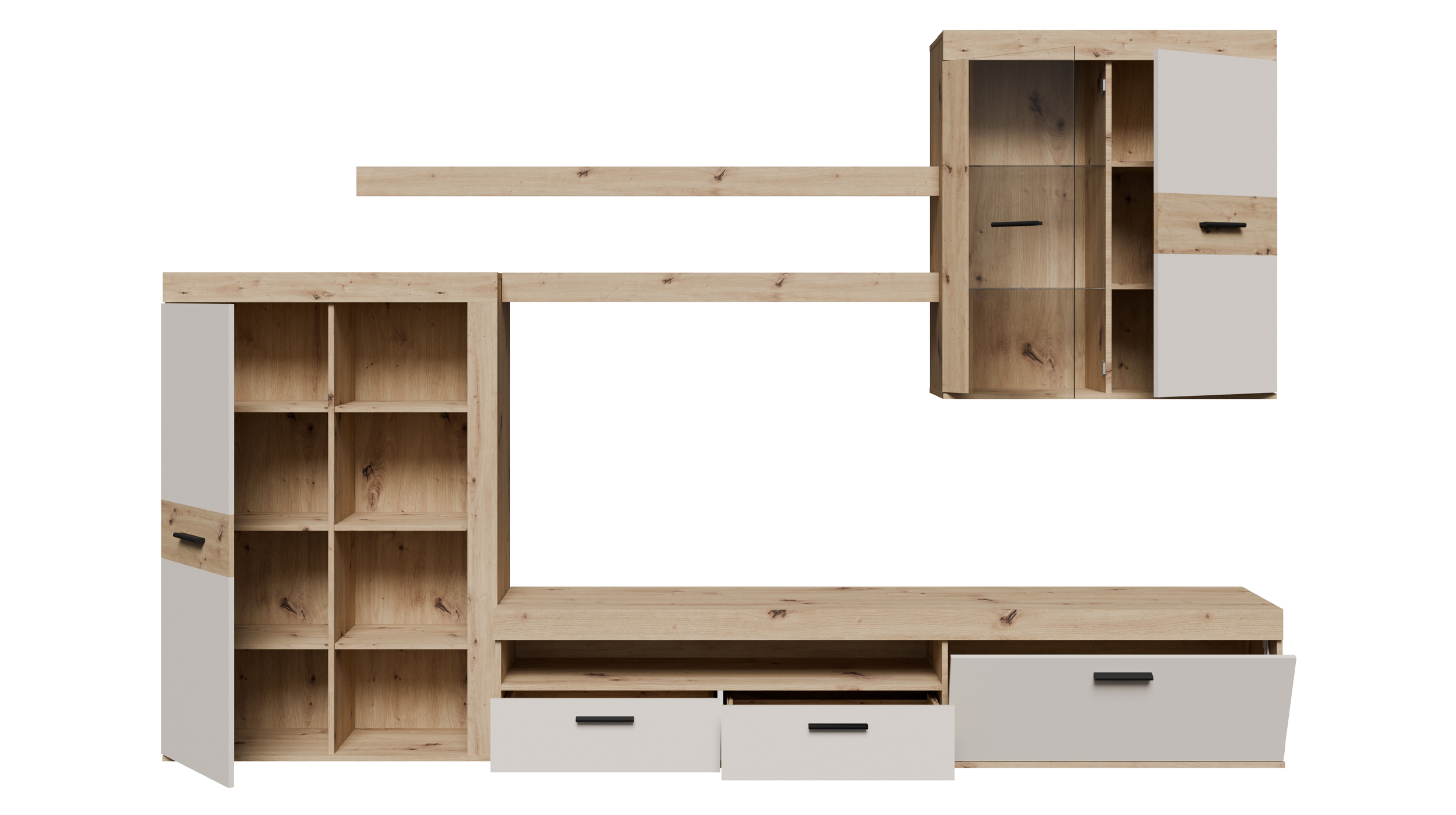 Wohnwand beige Artisan Eiche 300 cm LED-Beleuchtung - ZUMBA
