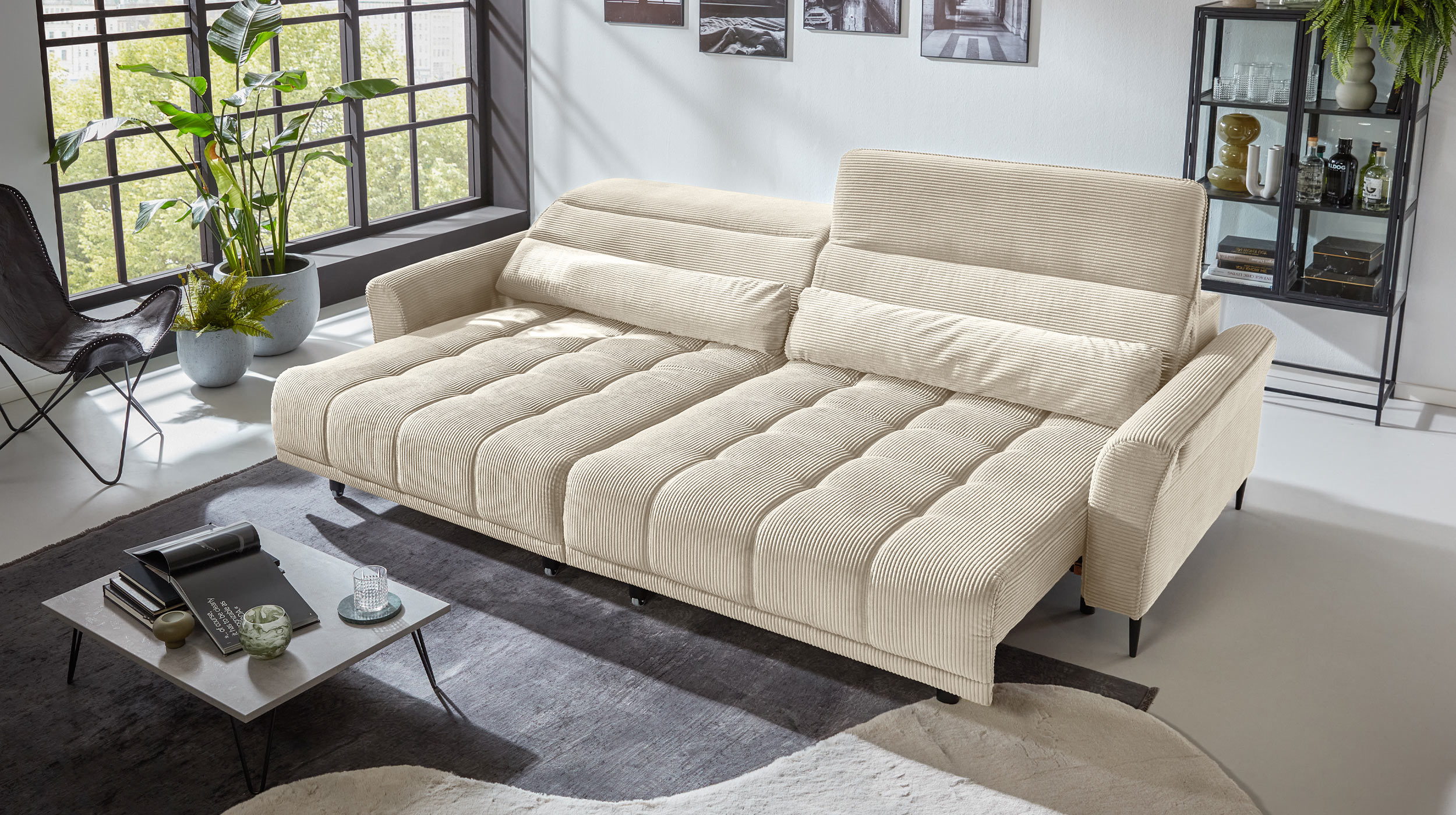 Big Sofa Cord beige ausziehbar - Sitztiefenverstellung - 280 cm - LOGAN 
