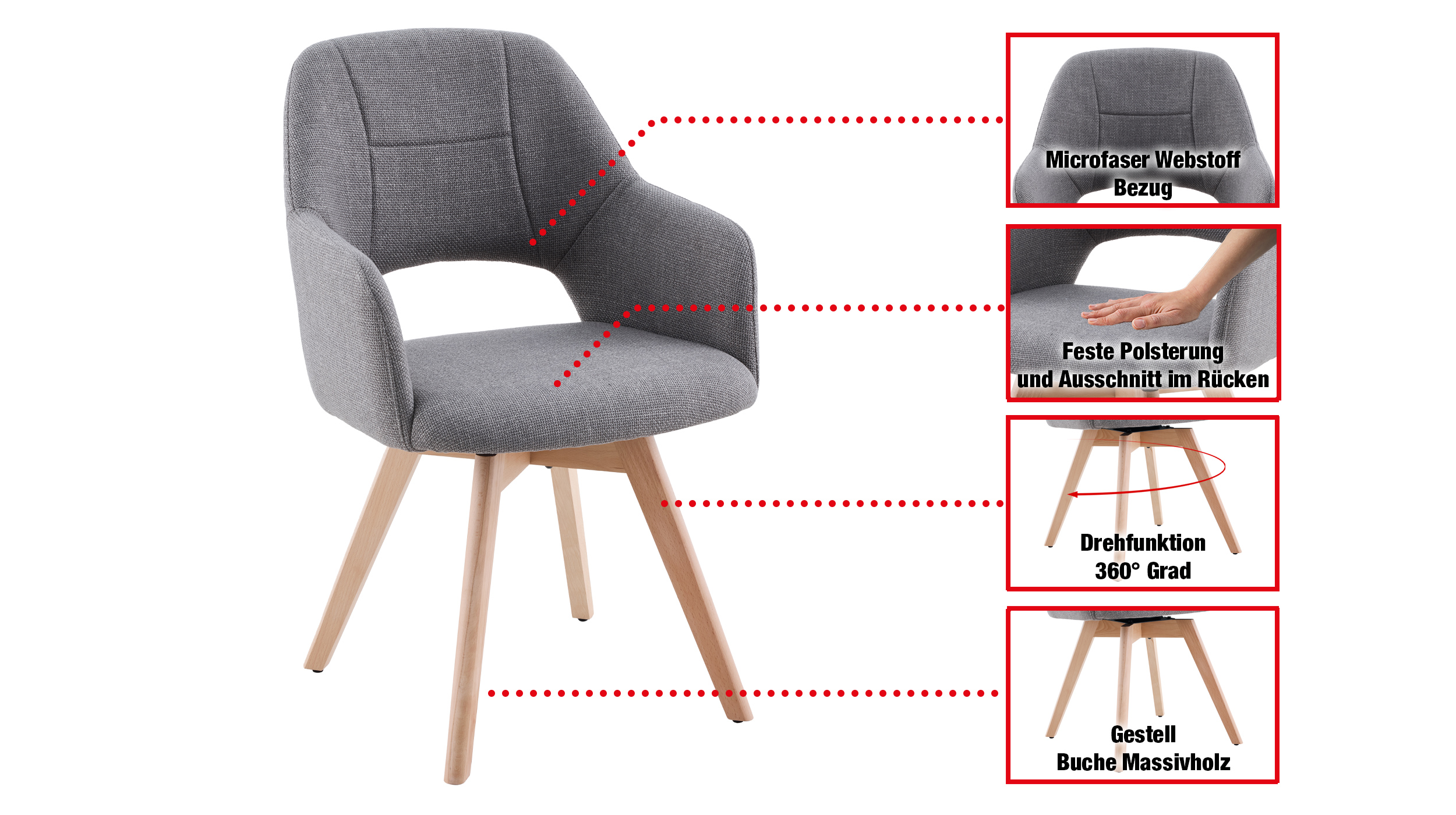 Armlehnstuhl grau Drehstuhl Microfaser Webstoff - STADE