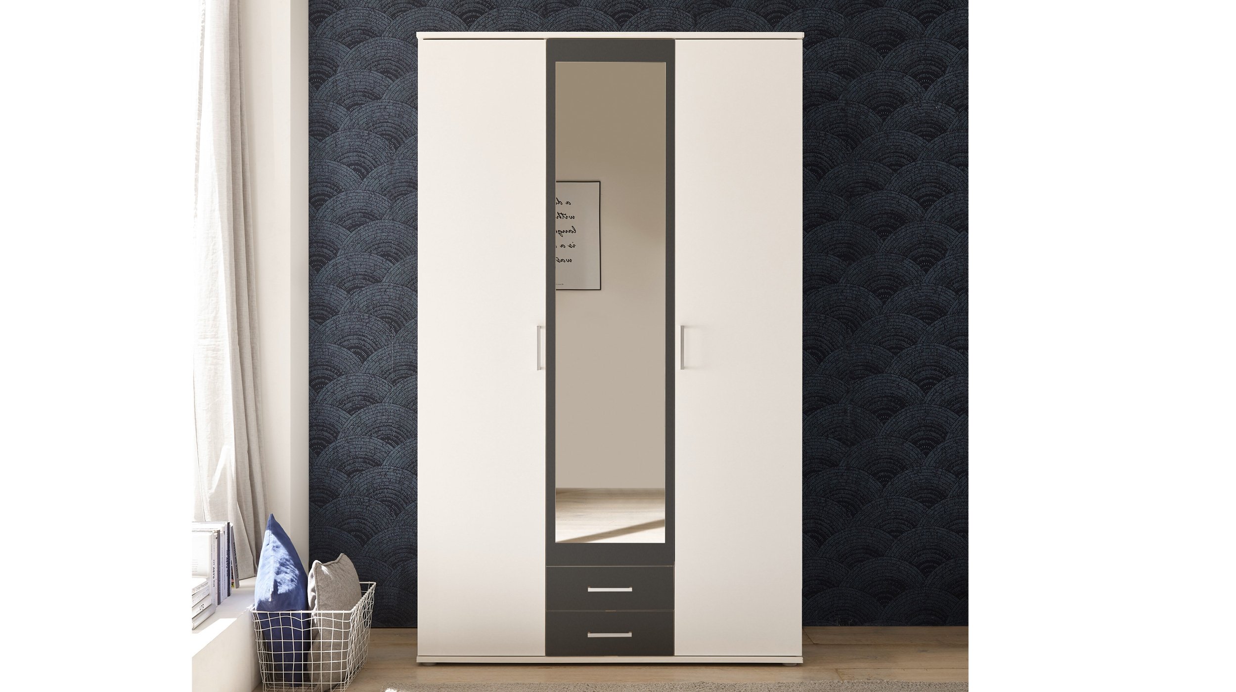 Kleiderschrank mit Spiegel - weiß - graphit - 120 cm - HANAU